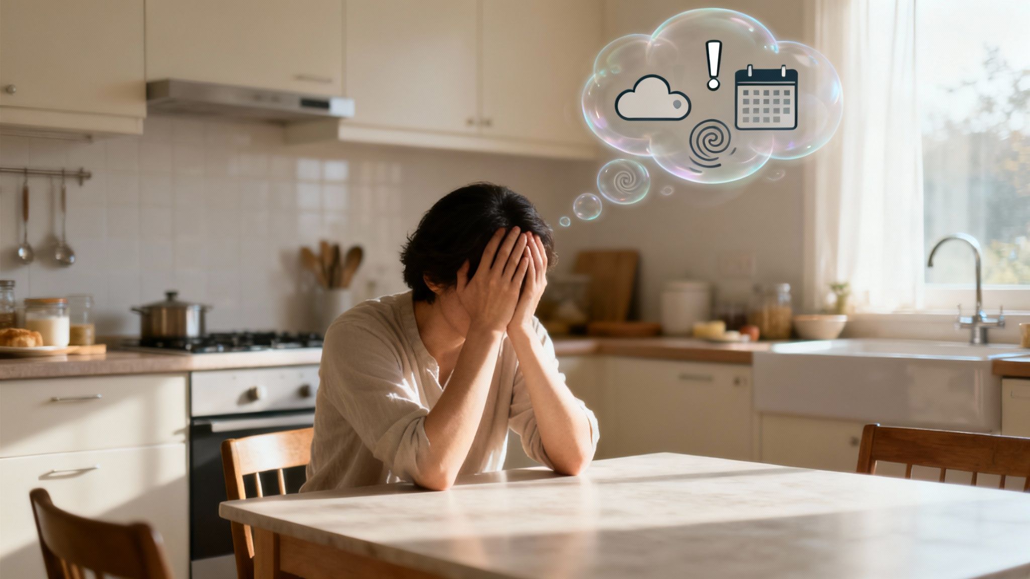 Person covering face in a bright kitchen with thought bubble showing stress, calendar, and cloud icons.