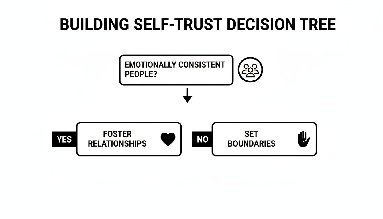 A decision tree illustrating how to build self-trust by evaluating people and fostering relationships or setting boundaries.