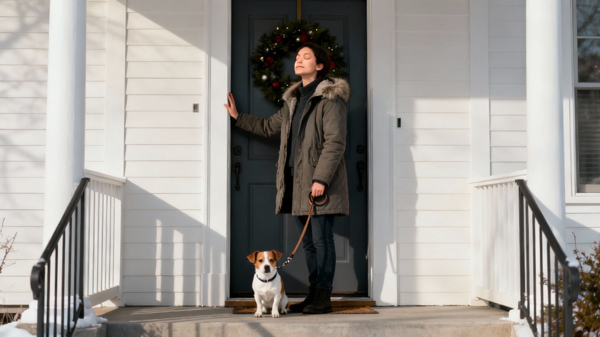 A woman and her small dog stand on a sunny porch with a Christmas wreath.