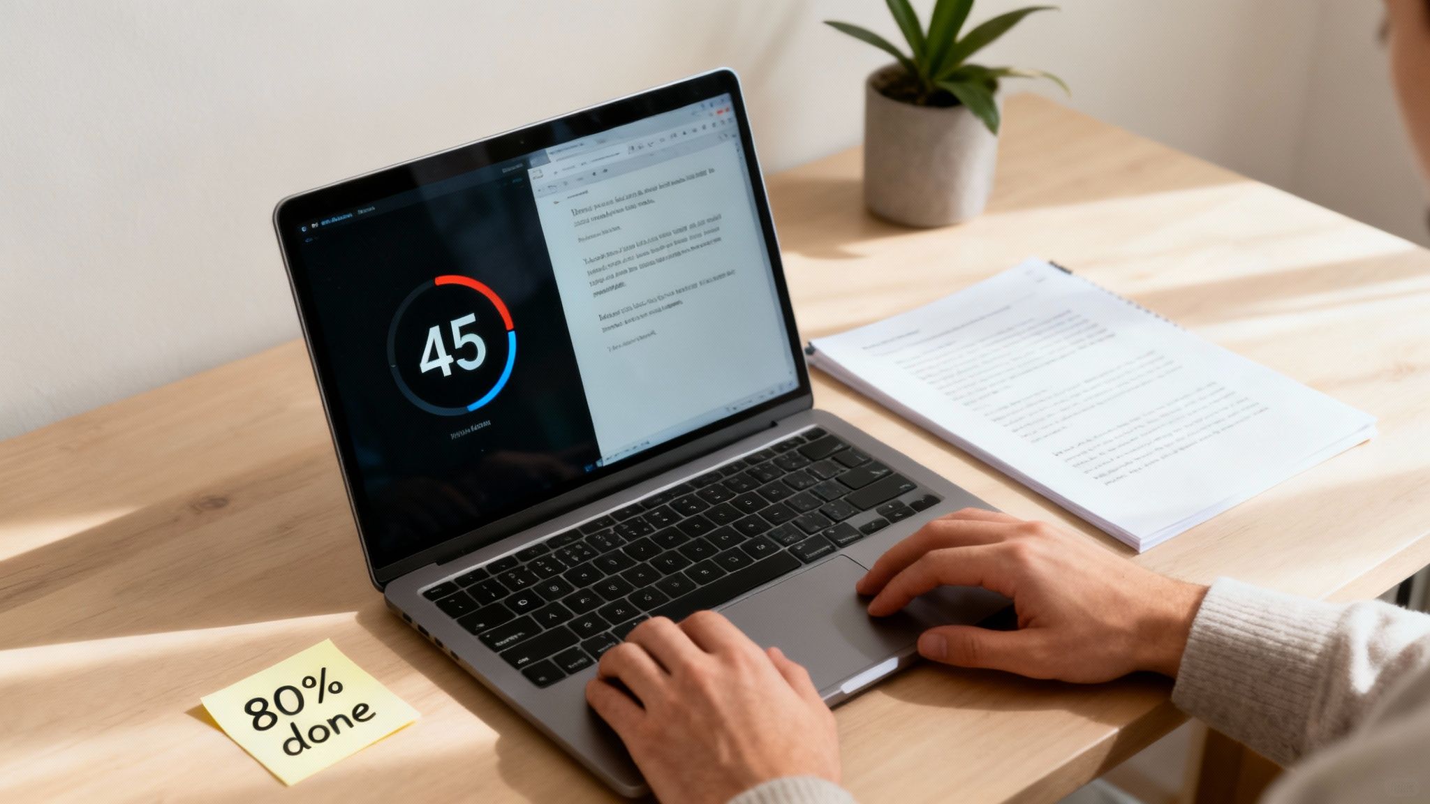 A person working on a laptop in a relaxed, comfortable setting, with a gentle smile.