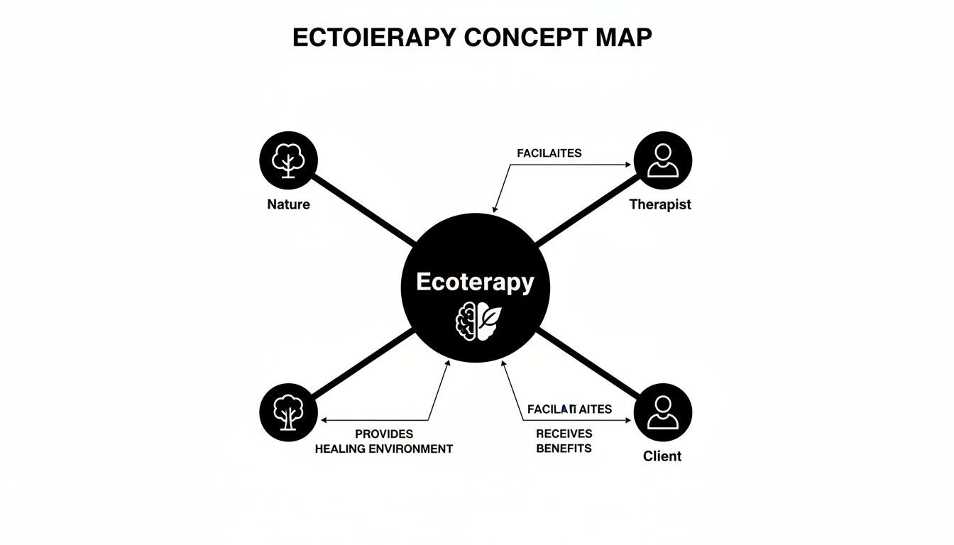 An ecotherapy concept map showing its relationships with nature, therapists, and clients for mental health benefits.