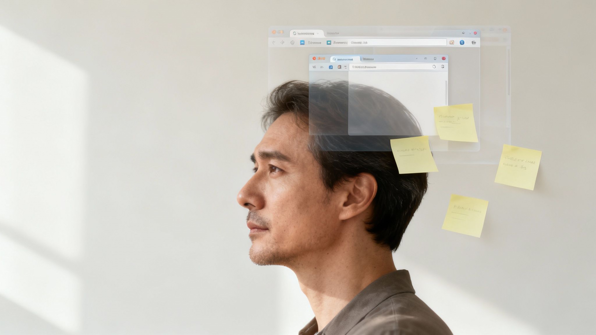 A person's head filled with many colourful, overlapping, and chaotic thought bubbles and icons.