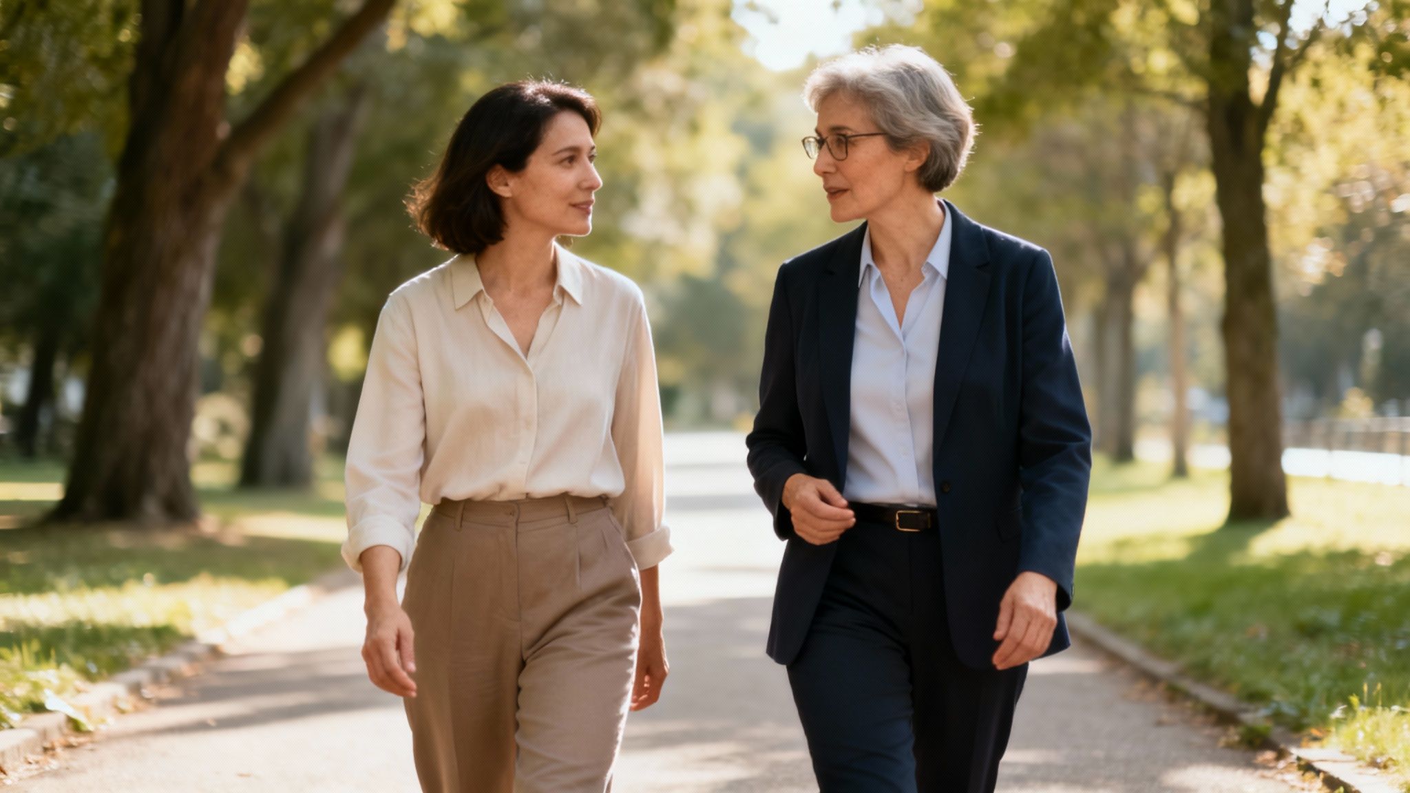 Two professional women walk outdoors, conversing and smiling, in a tree-lined park.