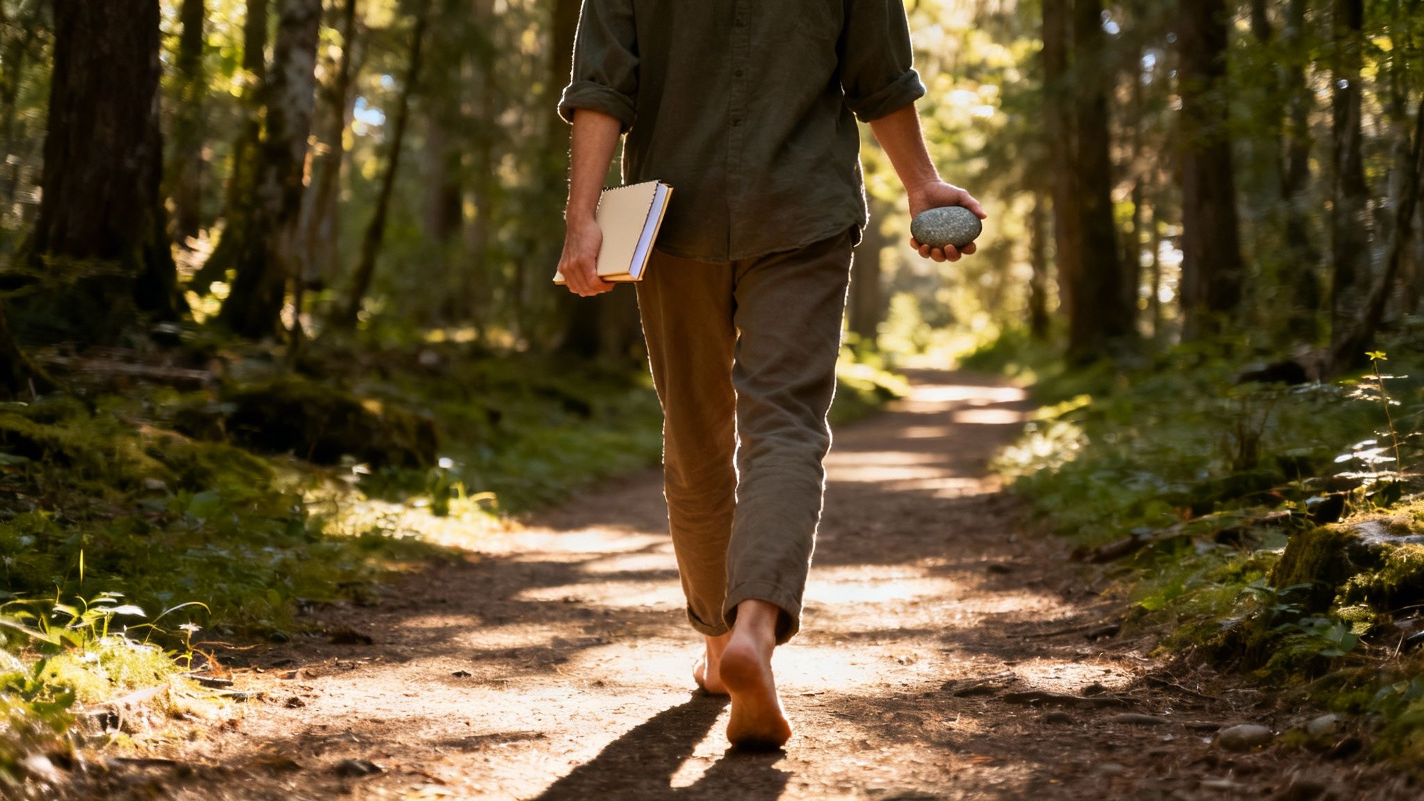 A person journaling in a notebook while sitting in a natural, calm setting.