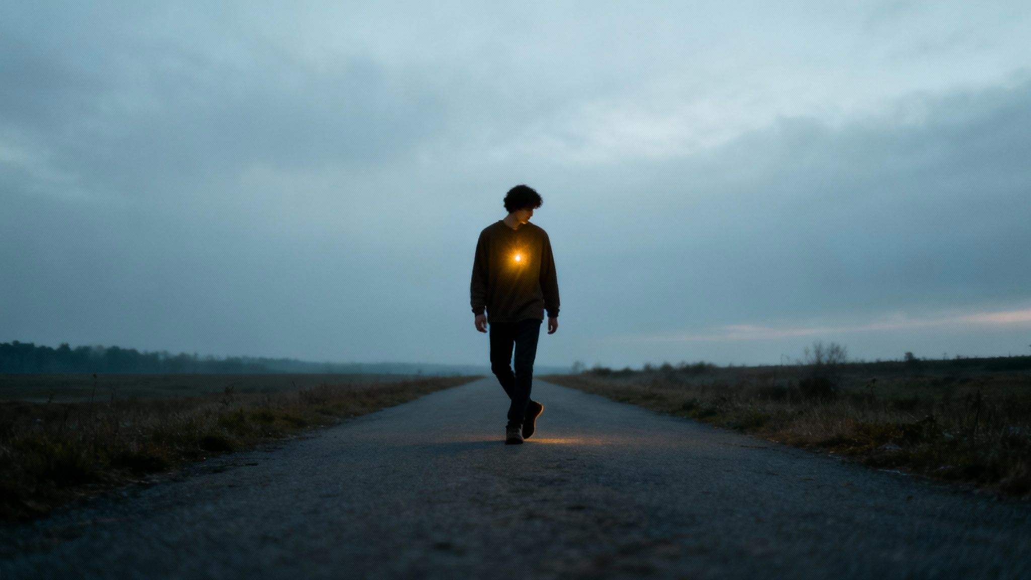 A person with a glowing light on their chest walks down a dark, empty road at dusk.