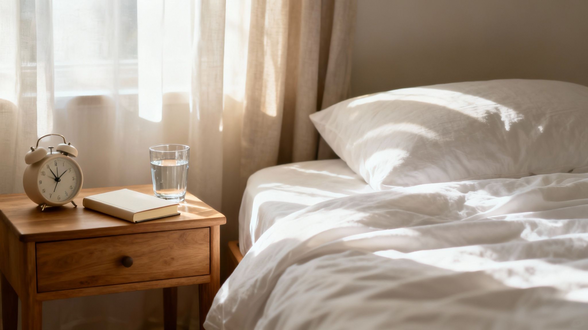 A person waking up in a softly lit room, suggesting a gentle start to the day.