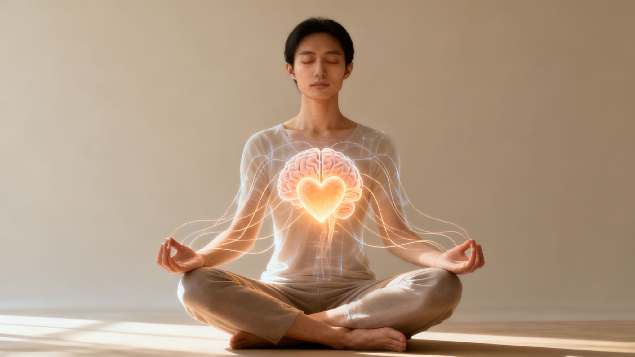 A person meditating in lotus pose, with glowing brain and heart connected by light lines.