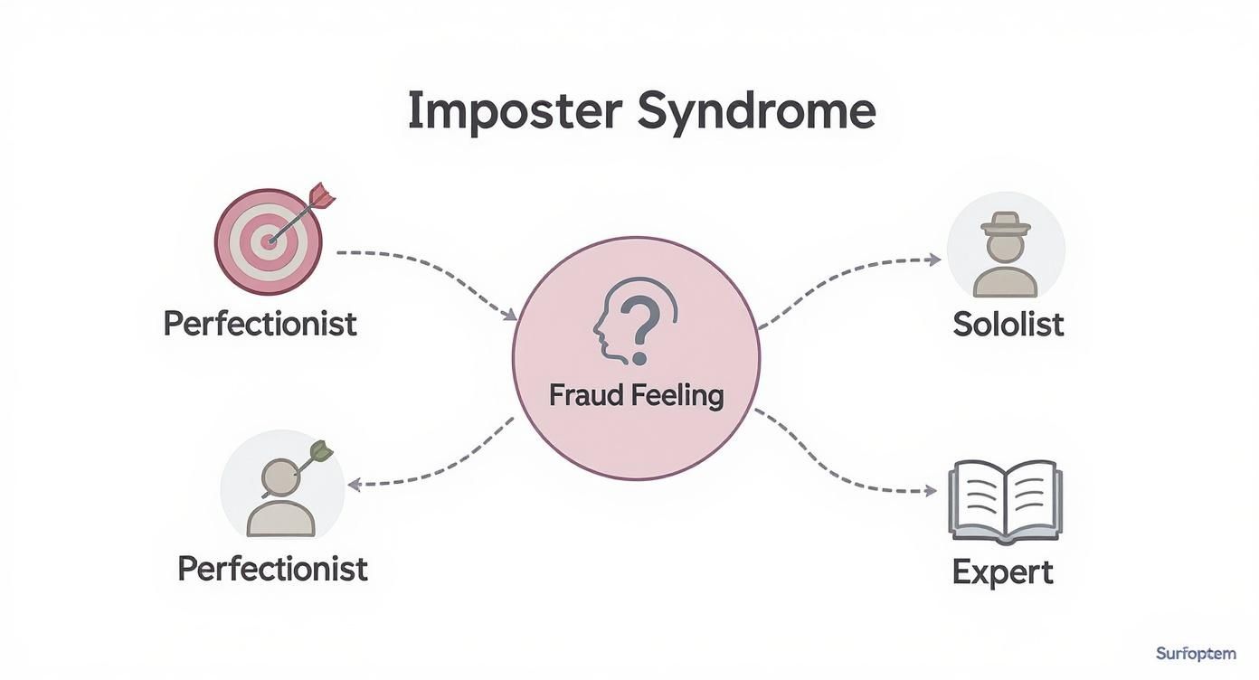 Diagram illustrating Imposter Syndrome, linking fraud feeling to perfectionist, soloist, natural genius, and expert types.