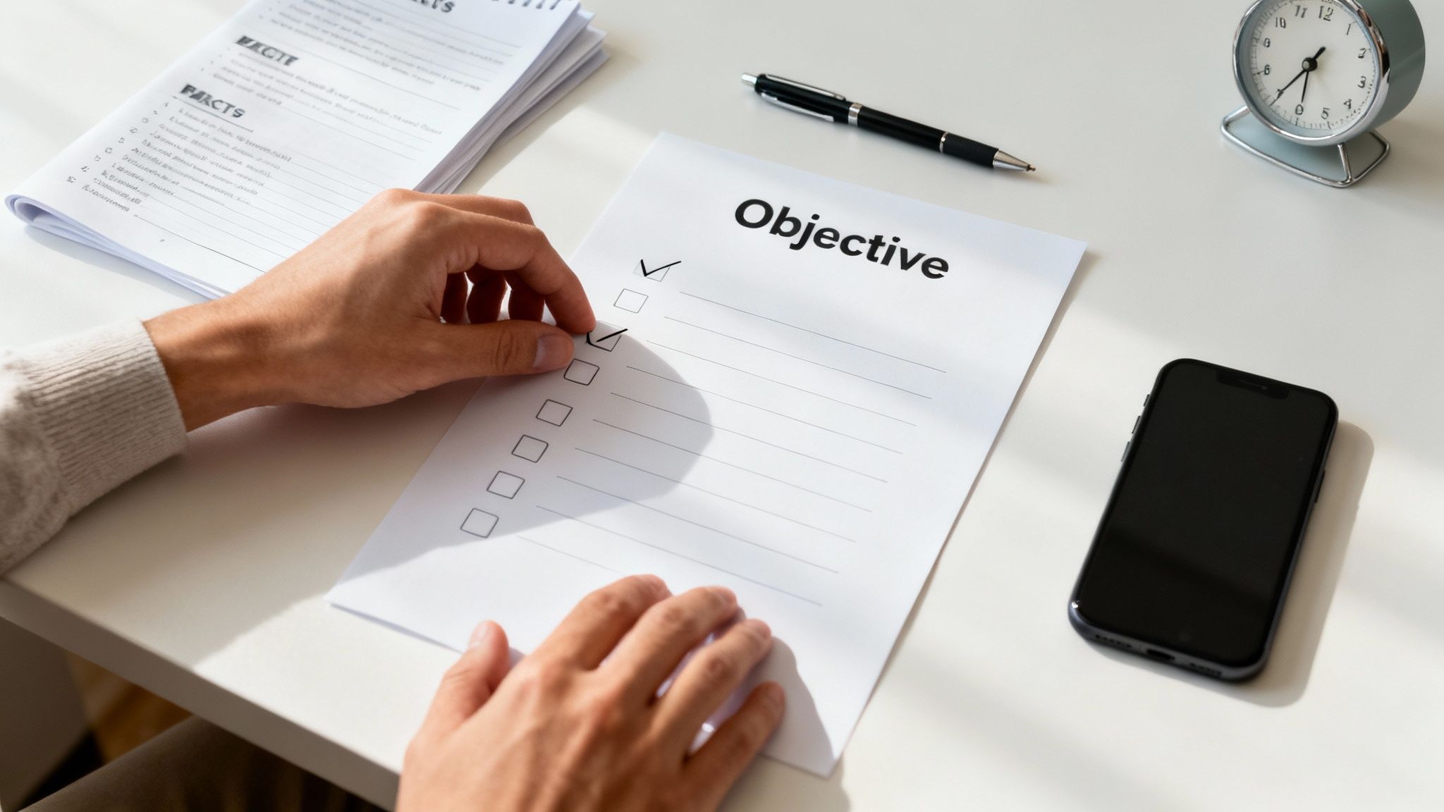 Person checking objectives on paper checklist with pen, phone, and clock on desk