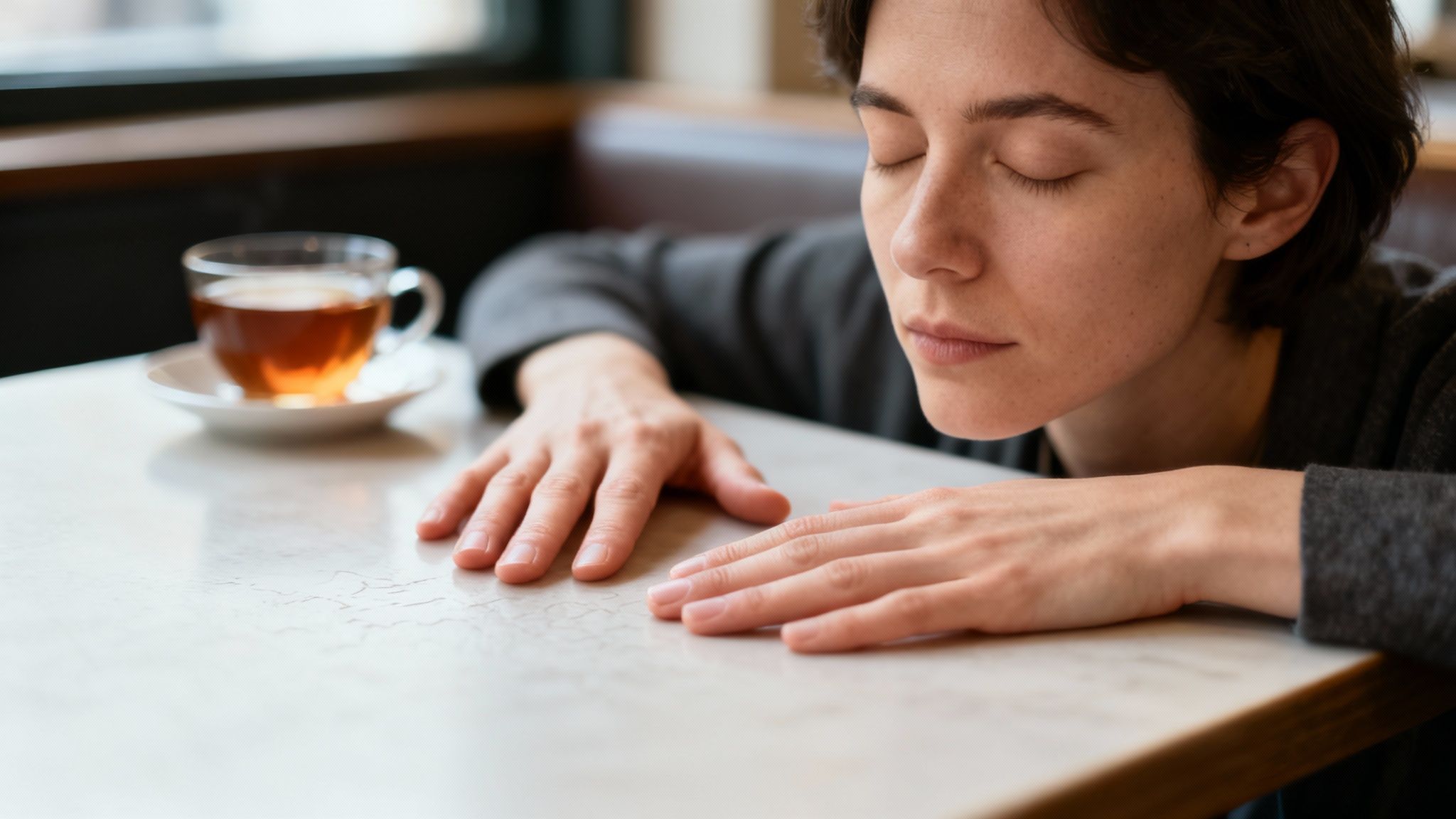 A person practicing a calming breathing exercise outdoors.
