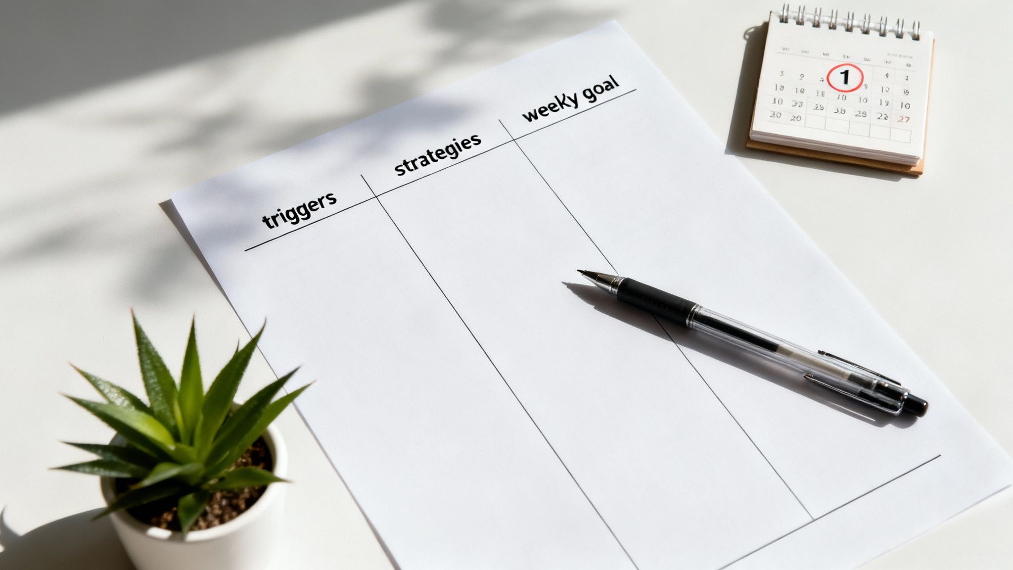 A clean desk with a 'weekly goal' planner, pen, calendar with '1' circled, and a small plant.