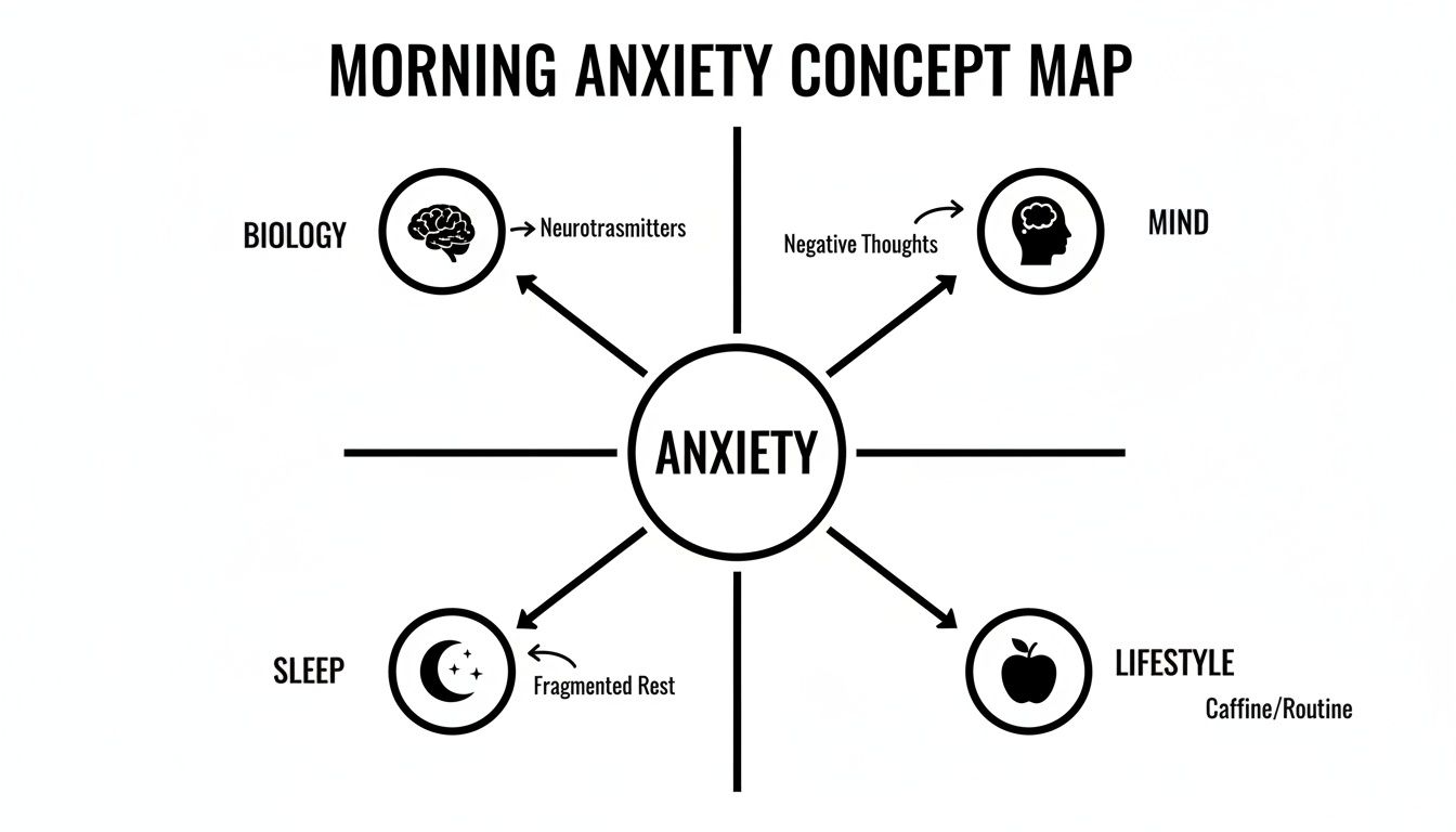 A morning anxiety concept map illustrating how biology, mind, sleep, and lifestyle contribute to anxiety.