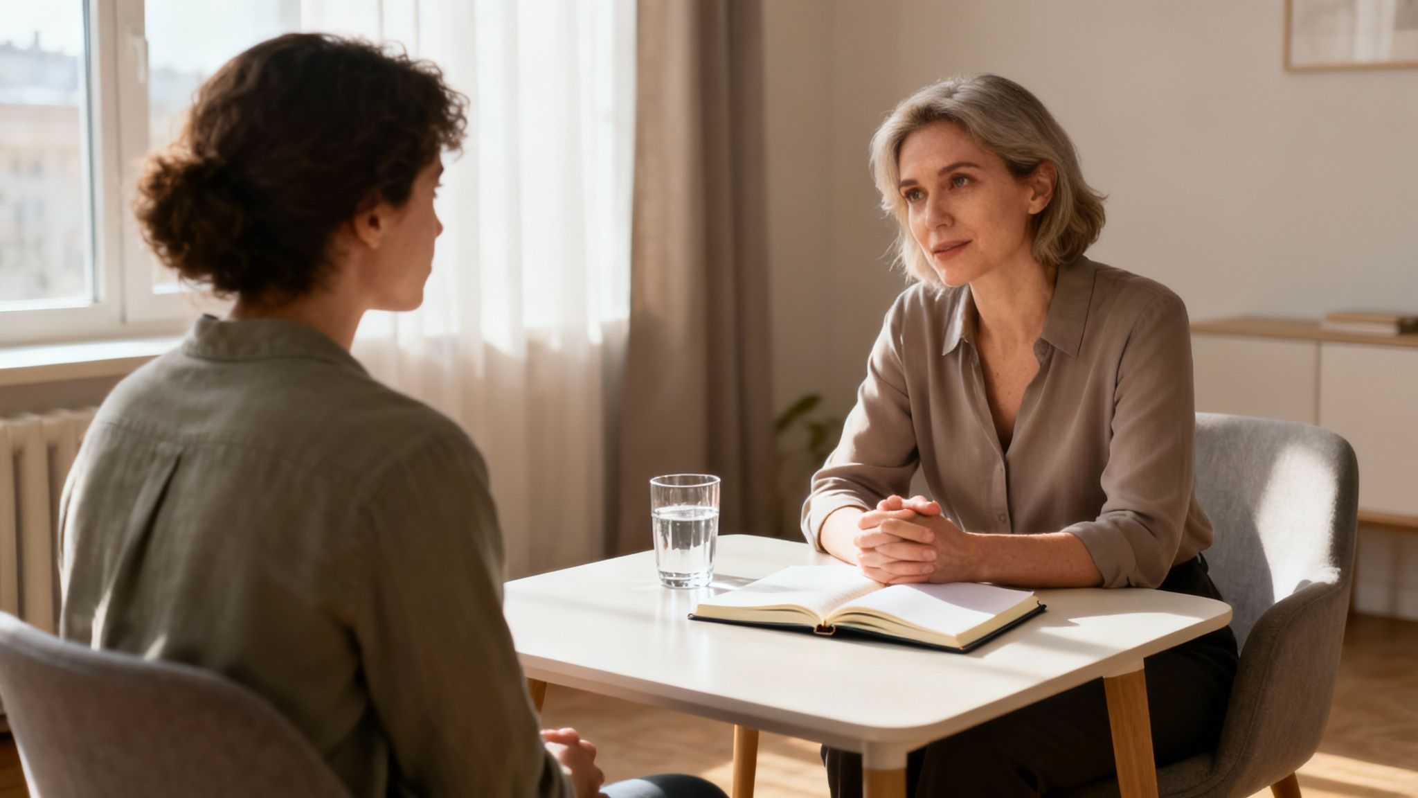 Professional counsellor conducting therapy session with client in calm, bright office setting