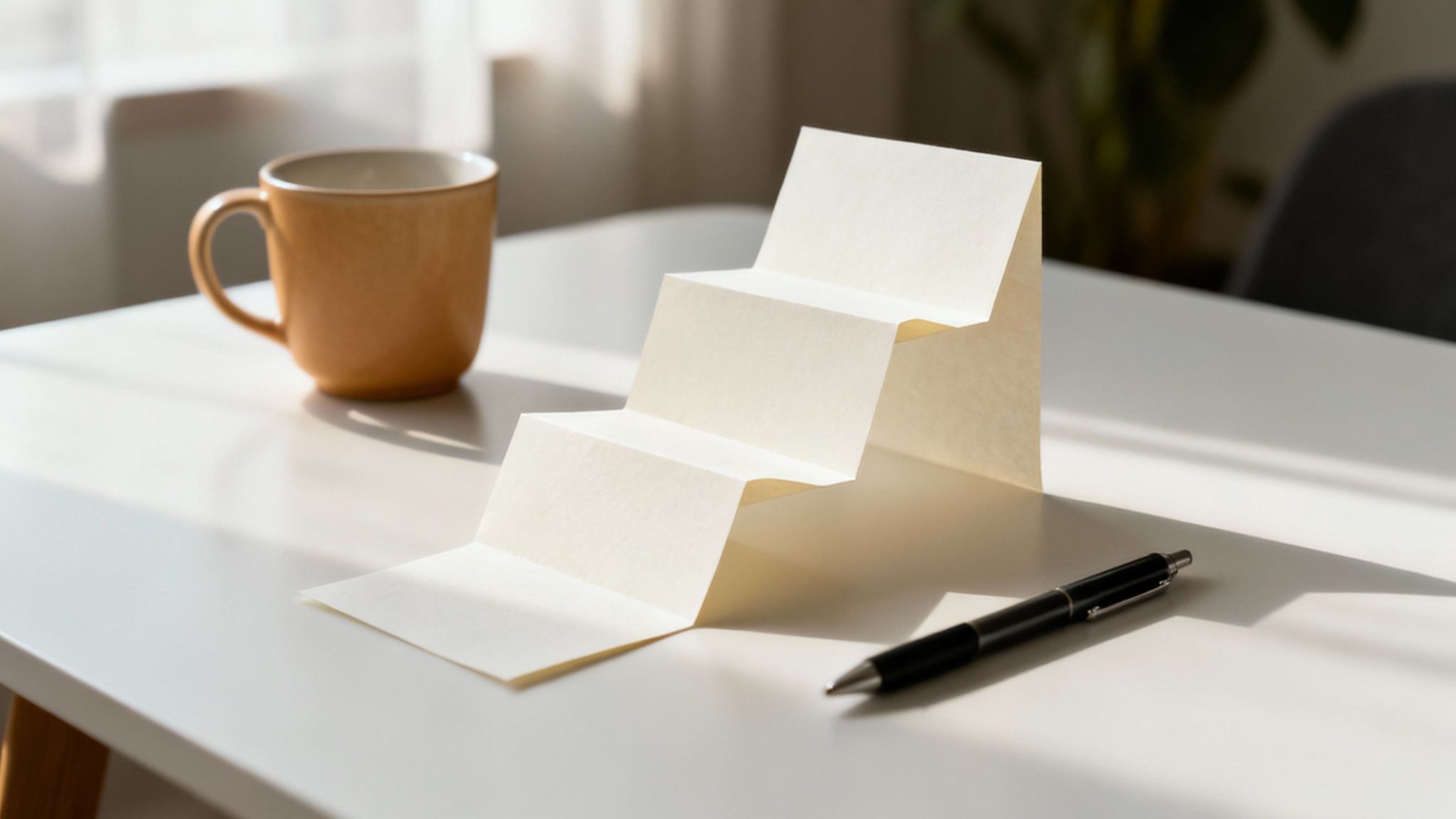 A sunny desk with a yellow mug, a paper folded like steps, and a black pen.