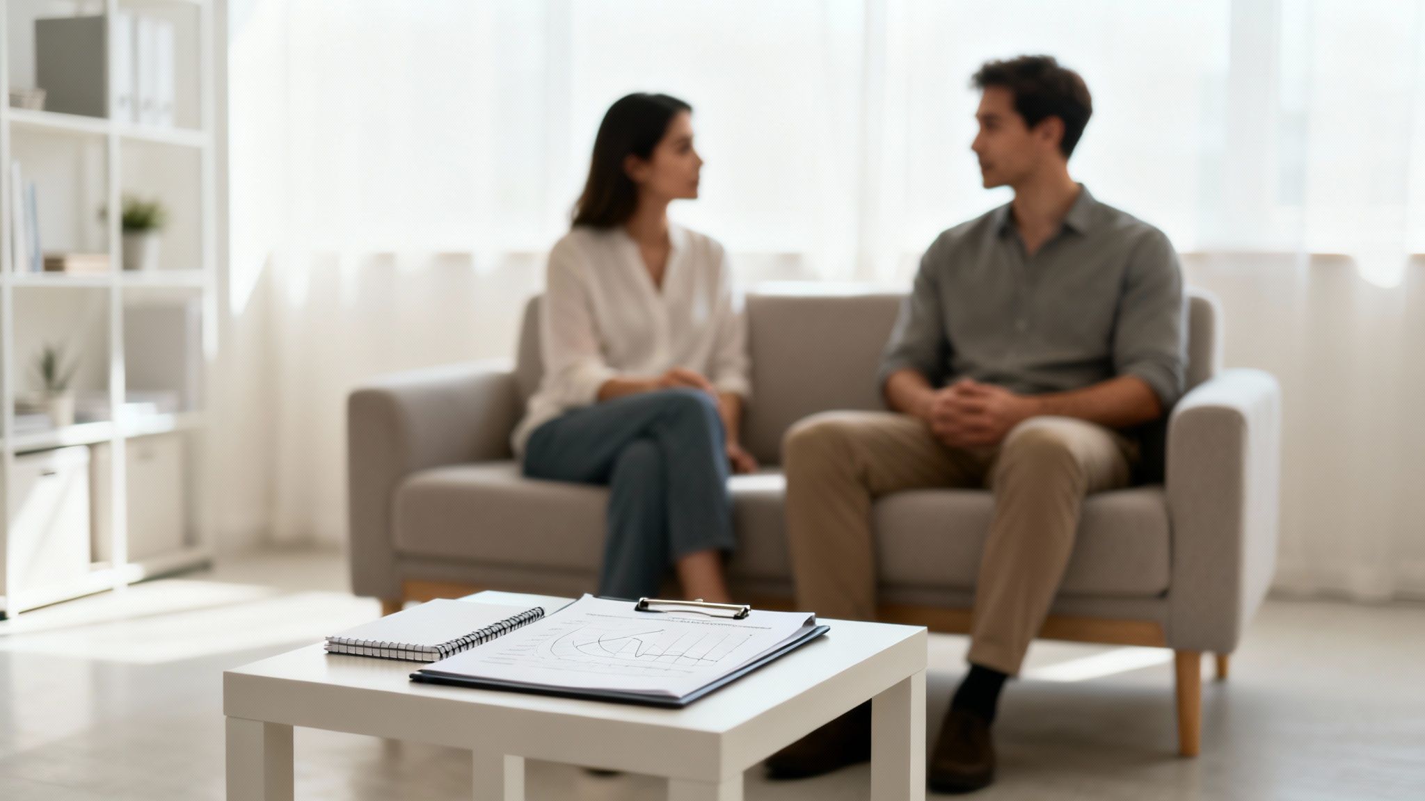 A couple talking during a counseling session, with notes and charts on a table in the foreground.