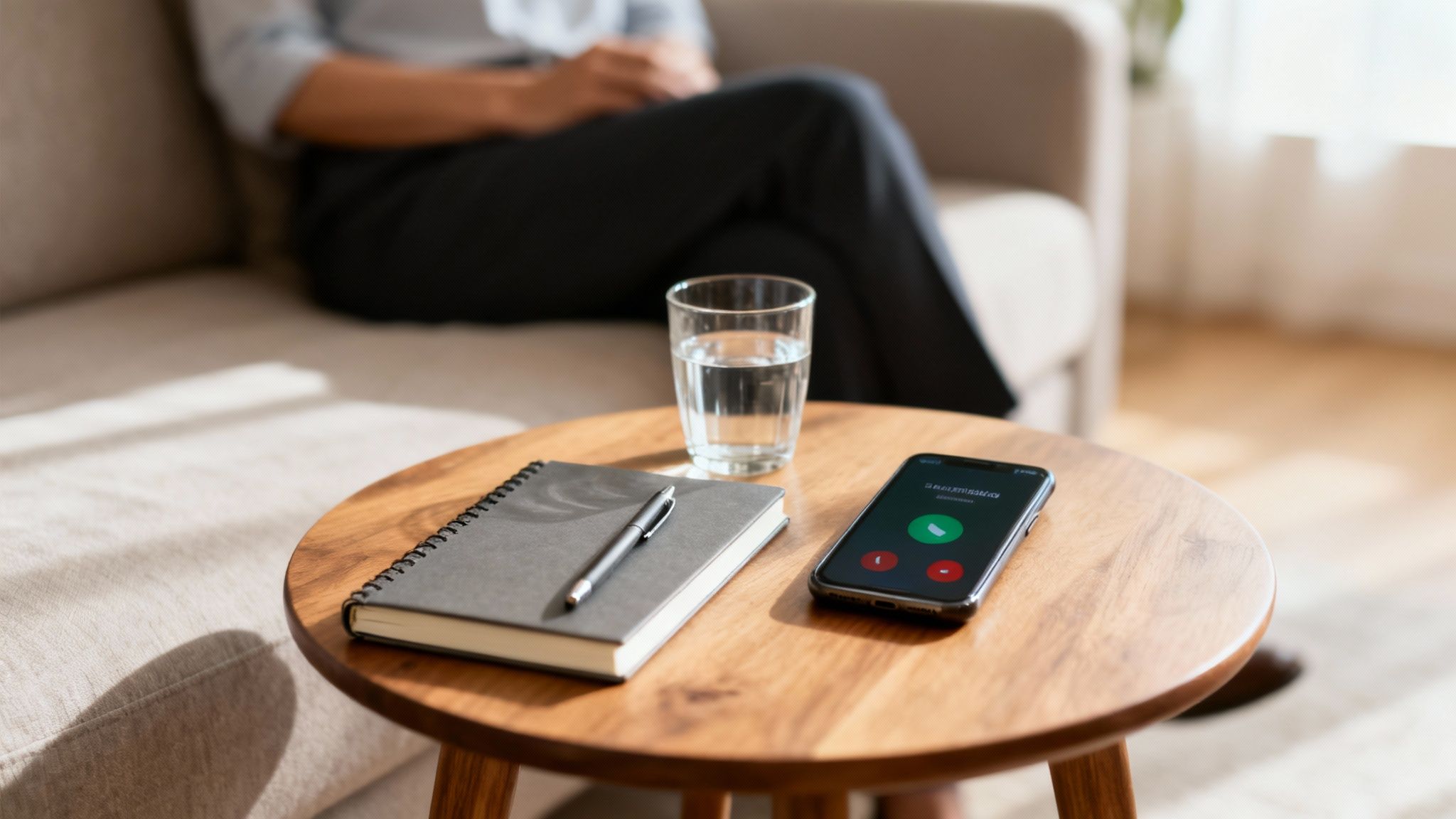 A wooden side table with a glass of water, a notebook, a pen, and a phone receiving a call.