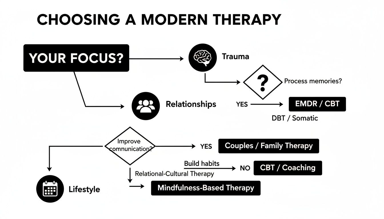 Flowchart guiding users through choosing modern therapy based on focus: trauma, relationships, or lifestyle.