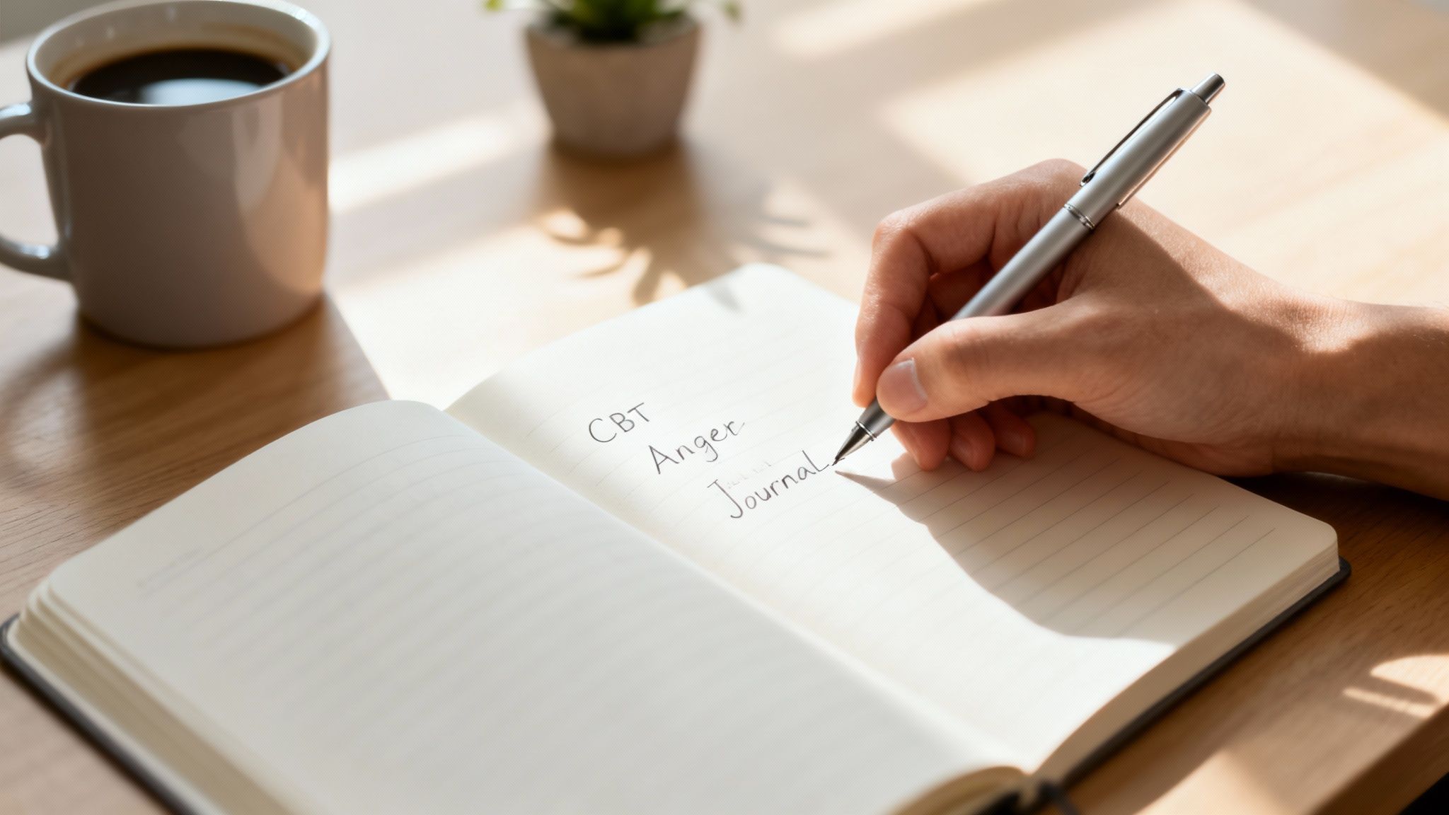A hand writing "CBT Anger Journal" in a notebook with a coffee cup nearby.