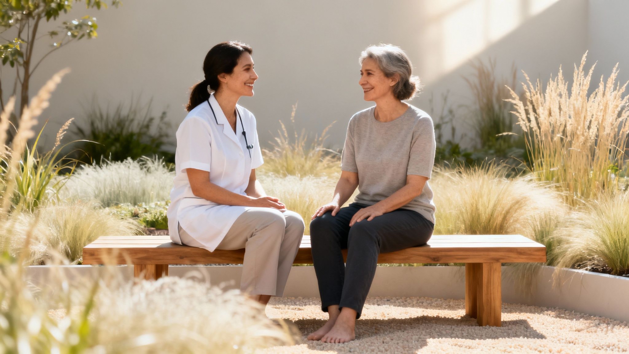 A nurse talks with an elderly woman on a bench in a sunny, therapeutic garden.