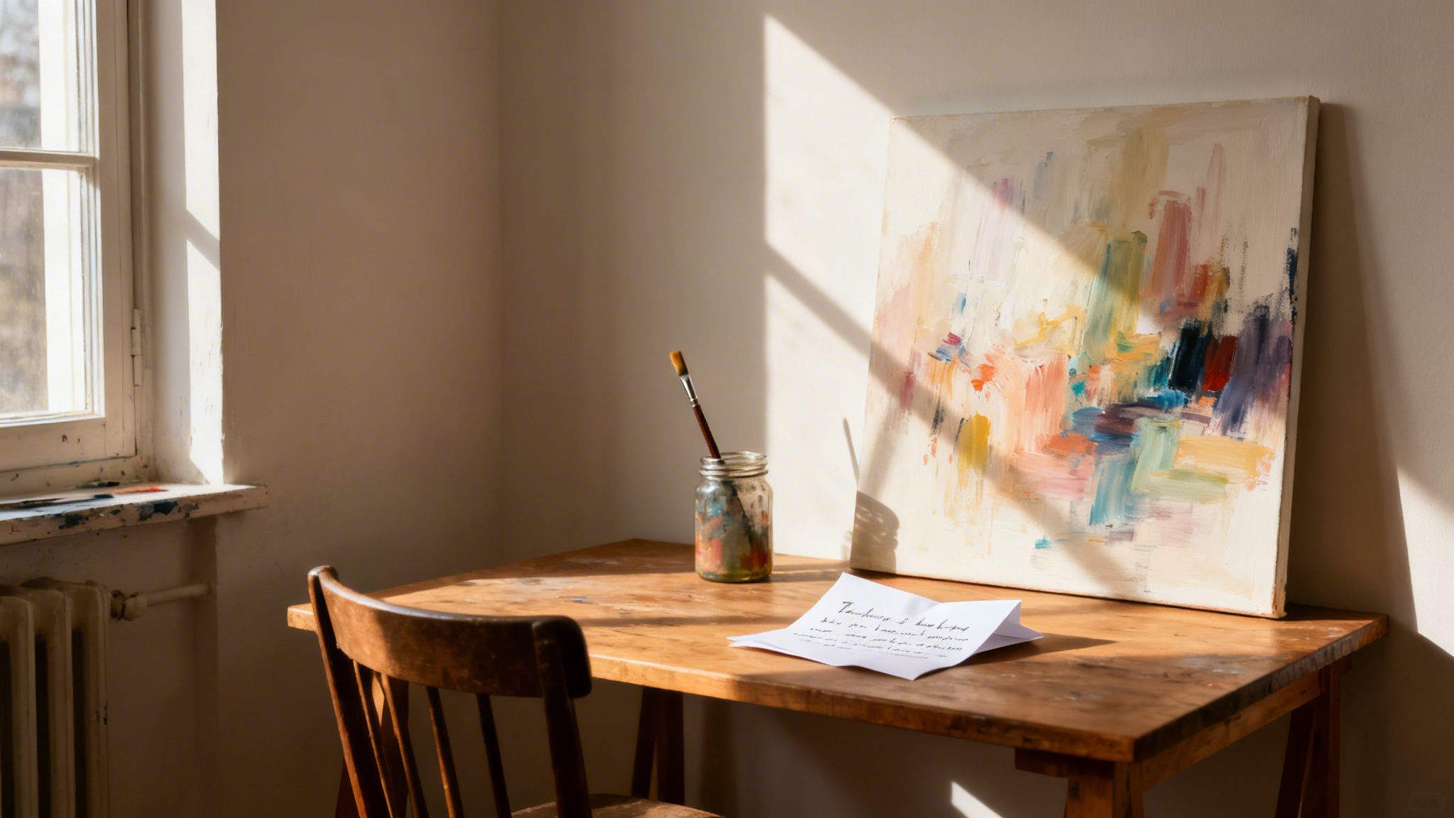 Bright artist's studio with abstract painting, paintbrushes, and a note on a rustic wooden desk.