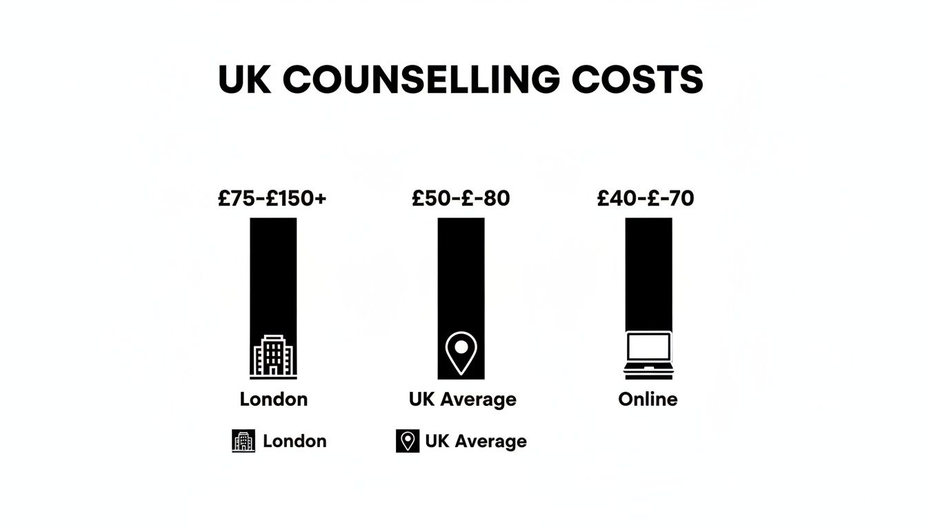 Infographic displaying UK counselling costs, comparing prices in London, the UK average, and online sessions.