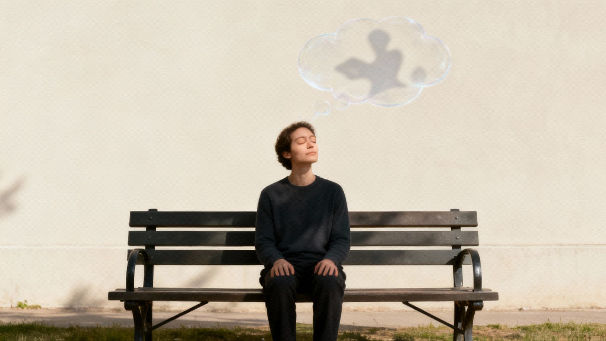 Person on bench meditating with thought bubble showing someone reading a book.