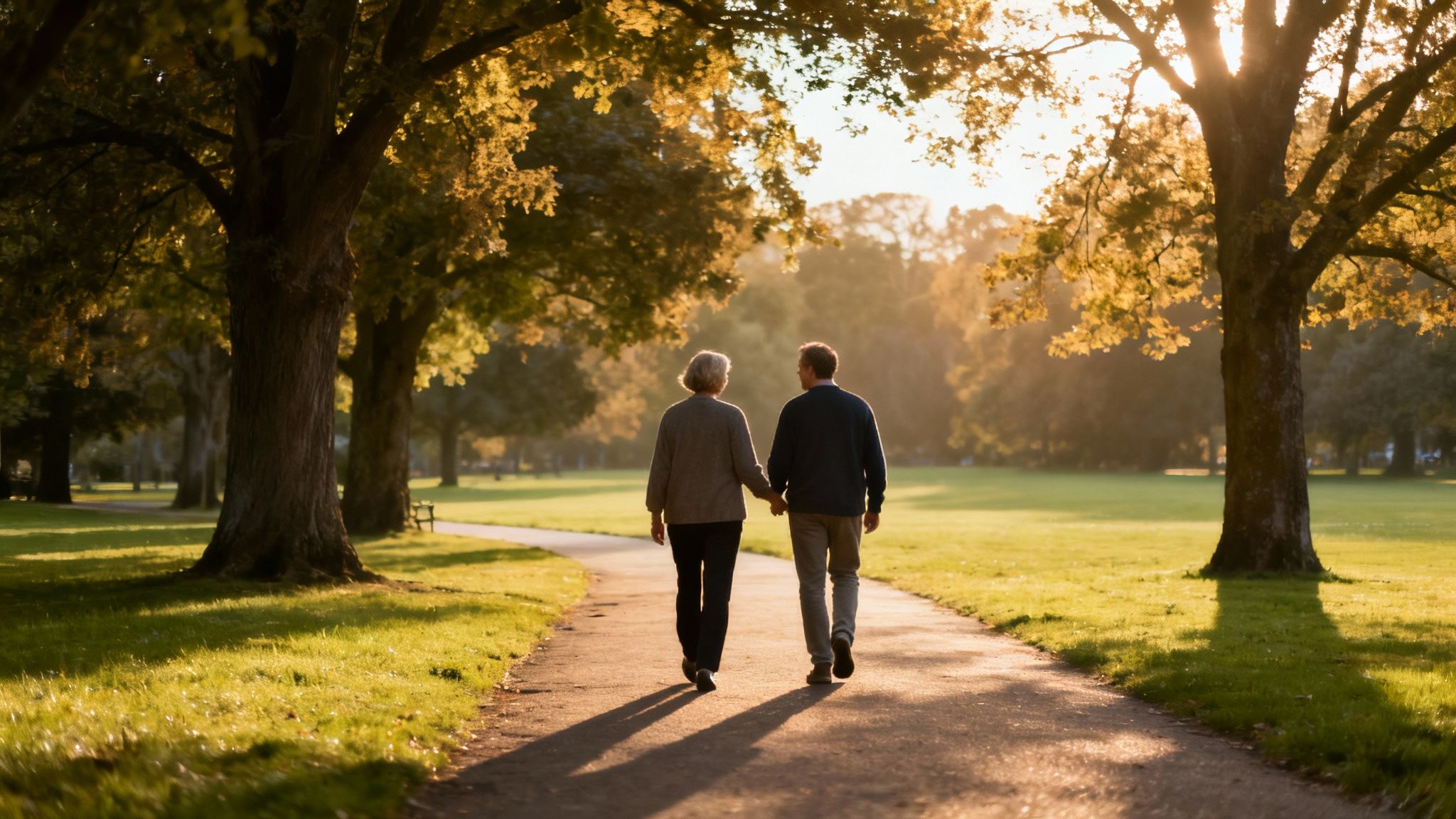 An older couple holding hands walking on a sunlit path through a park with golden trees.