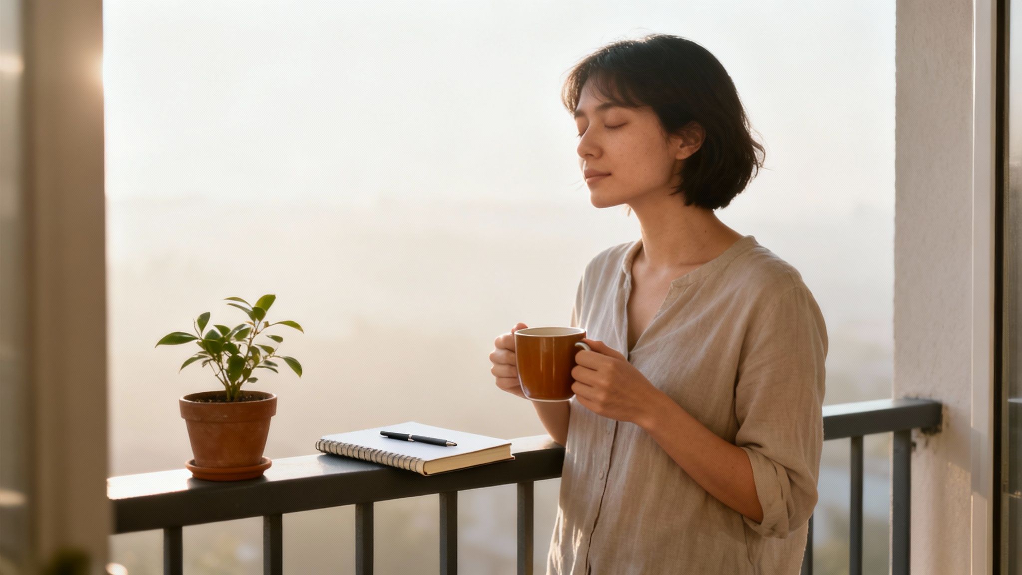 A woman with eyes closed sips from a mug on a balcony, enjoying a peaceful moment.