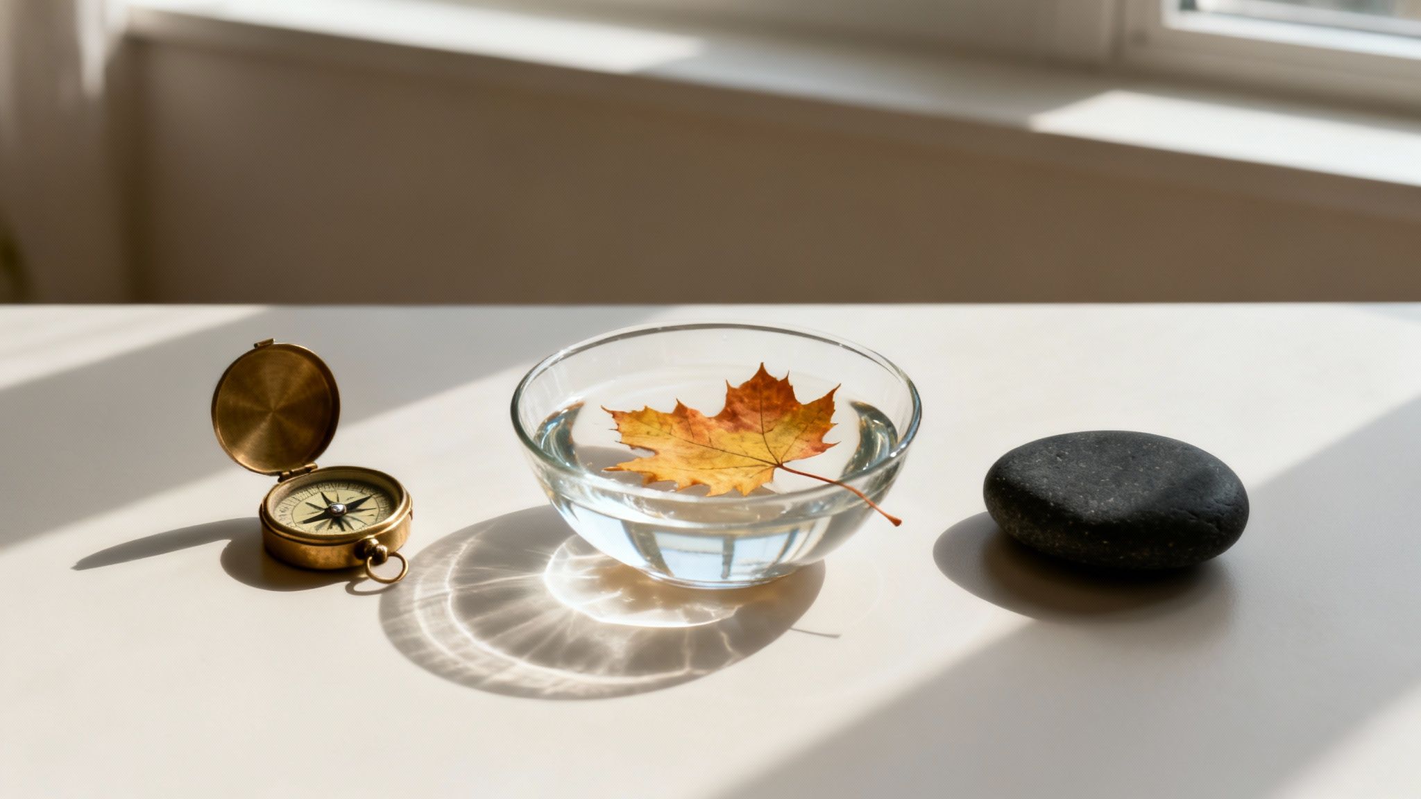 A golden compass, a maple leaf floating in a water bowl, and a dark stone on a sunlit table.