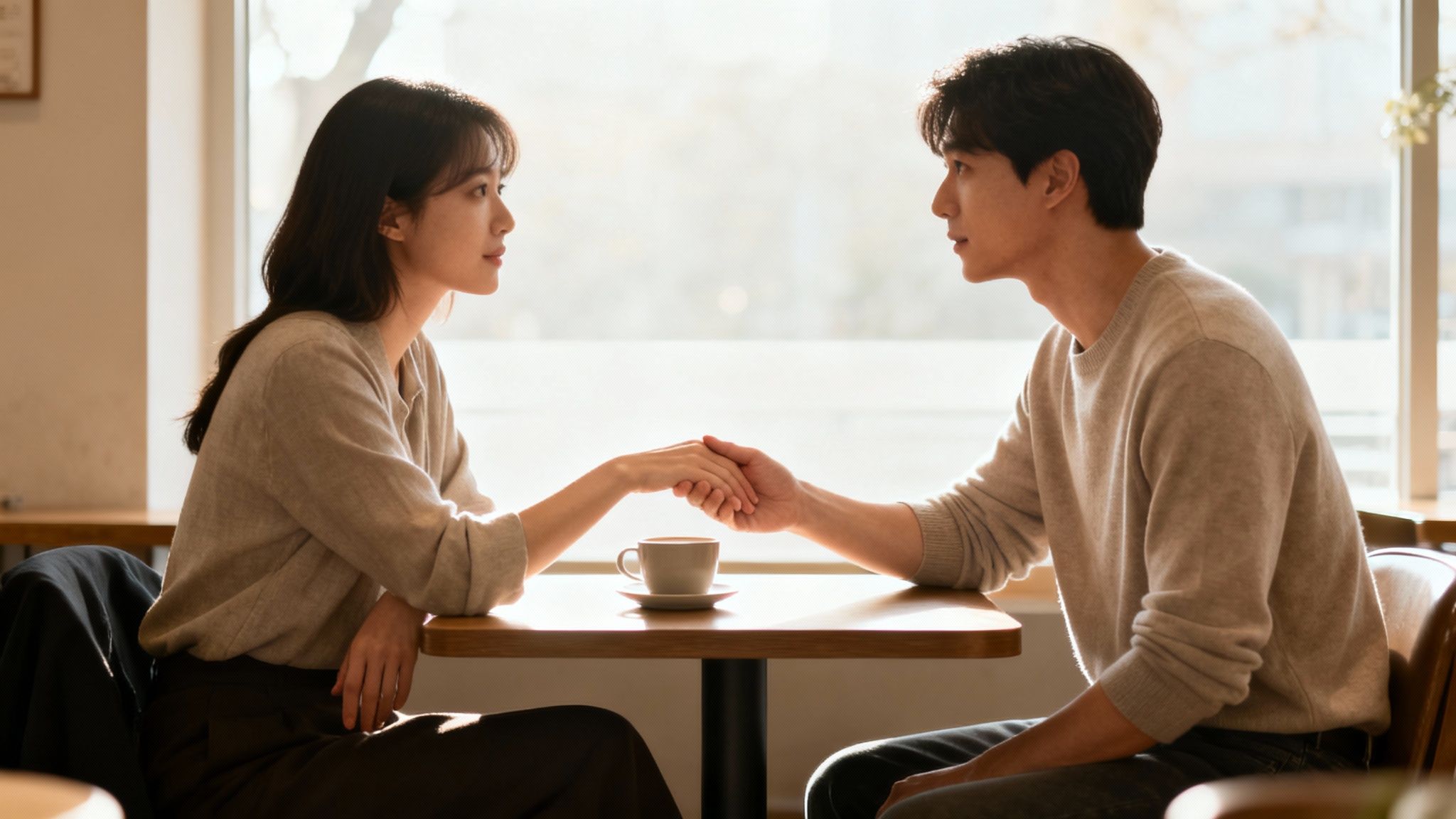 A man and woman hold hands over coffee in a bright cafe, looking intently at each other.