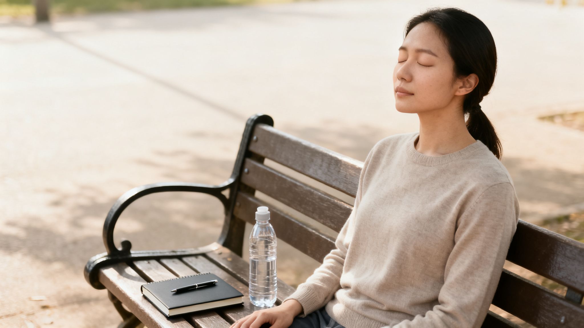 A woman with eyes closed meditates peacefully on a park bench next to a notebook and water bottle.