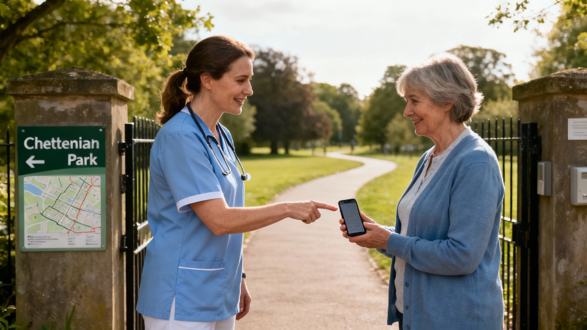 A healthcare professional points at a smartphone held by an elderly woman outside Chettenian Park.