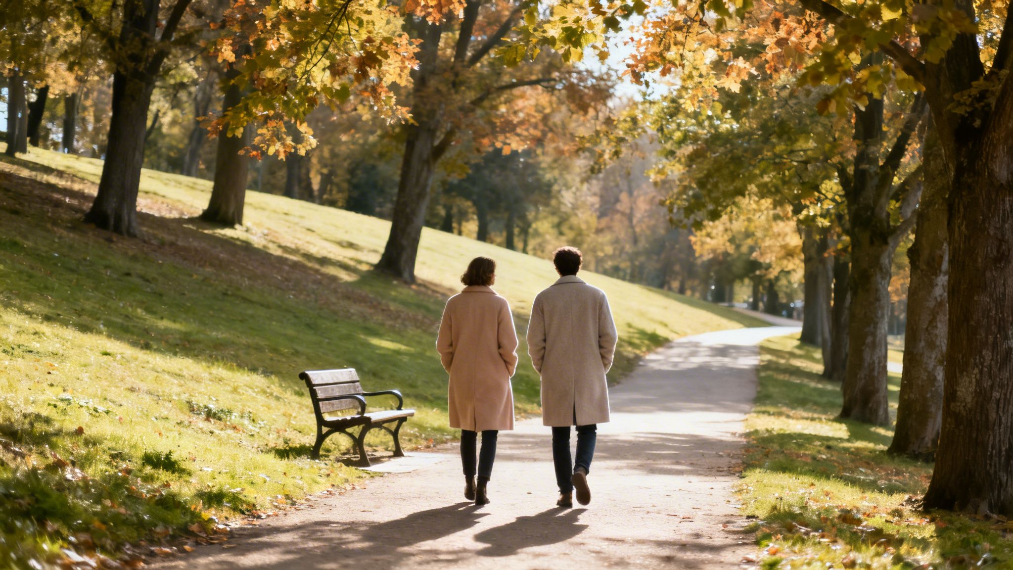 Two people in long coats walk away on a sunlit autumn park path, surrounded by golden trees.