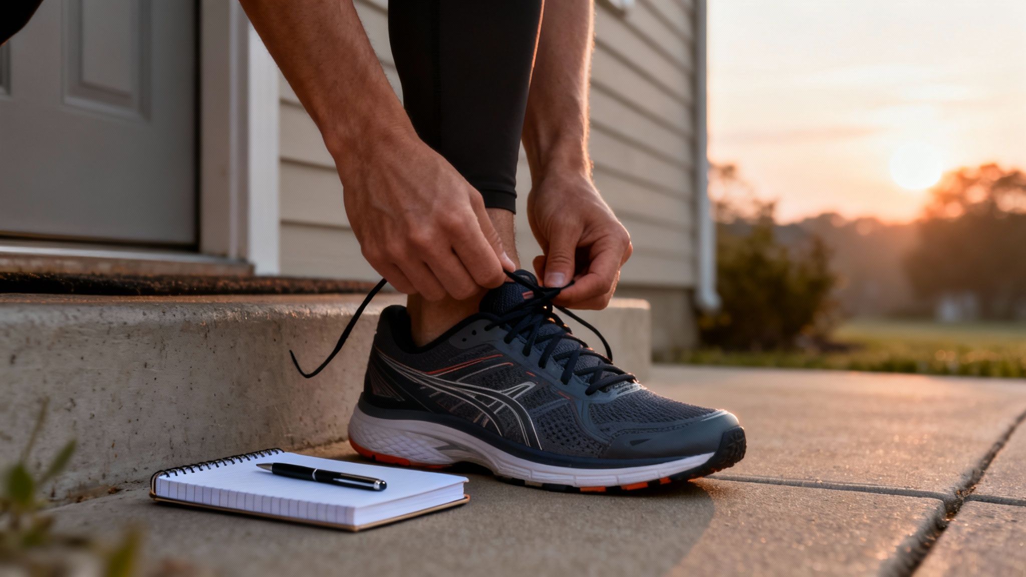 Man tying his running shoes on concrete steps, preparing for a morning run at sunrise.