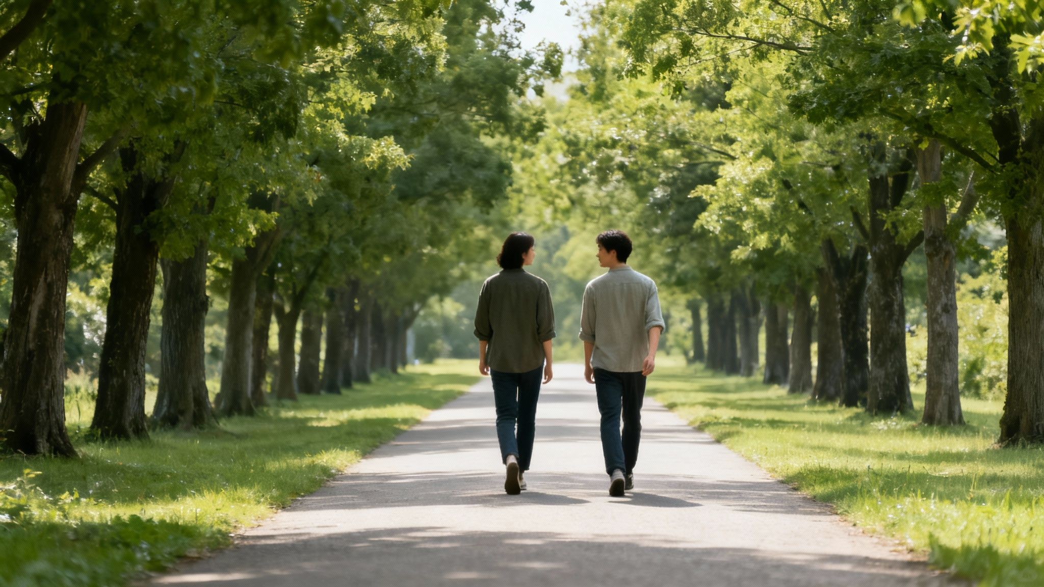 A person walking on a path in a sunlit forest, representing the connection with nature.