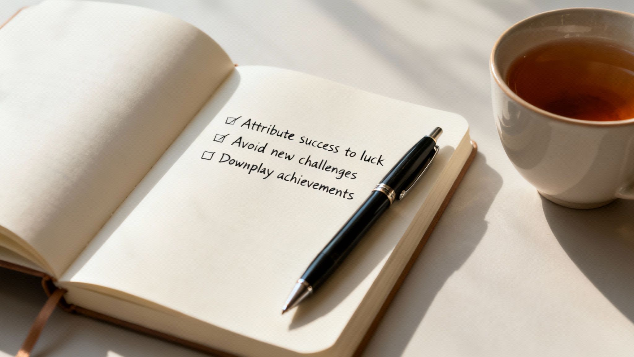 A notebook displays a handwritten checklist listing characteristics of imposter syndrome, next to a pen and a cup of tea.