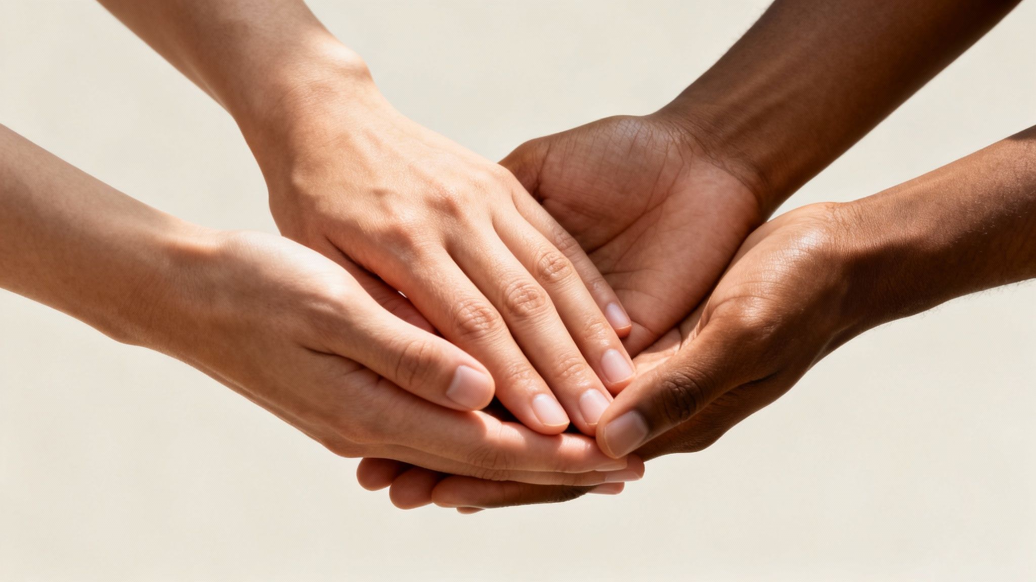 Close-up of three hands with diverse skin tones holding each other in support.