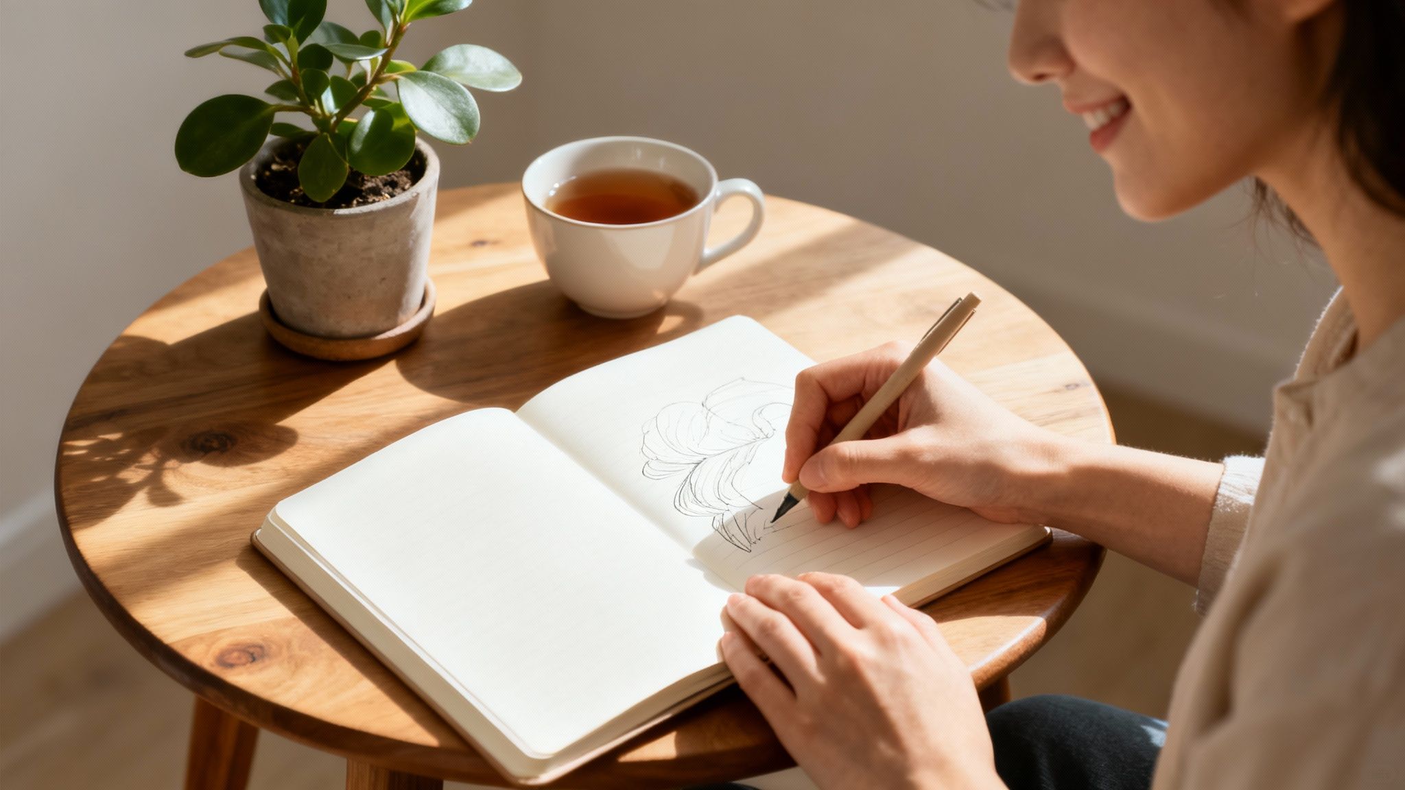 A smiling person drawing in a notebook with a pen on a wooden table, next to a plant and a cup of tea.