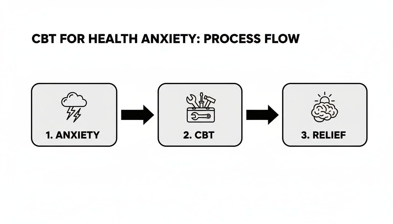 Diagram showing the CBT process for health anxiety, flowing from anxiety to CBT and then to relief.