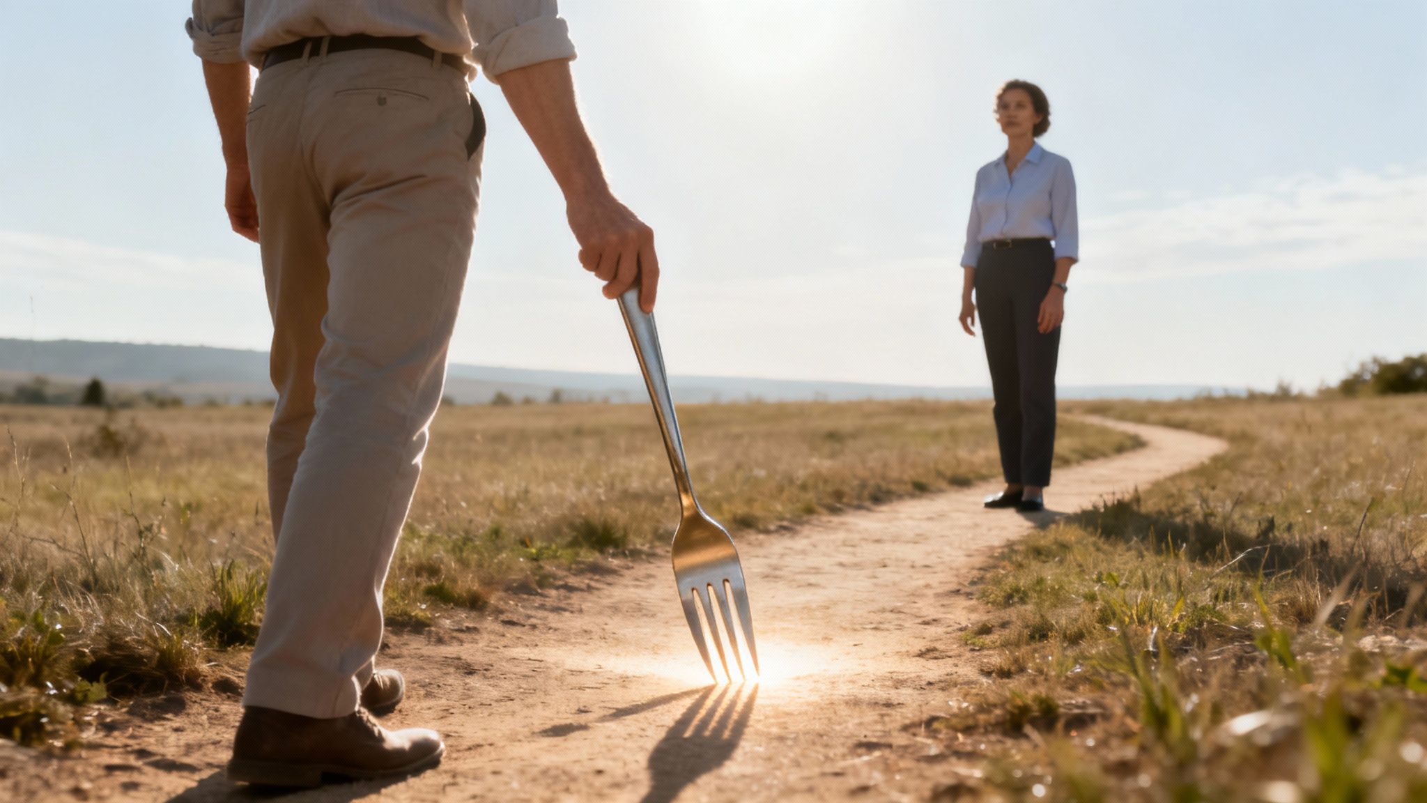 A man holds a giant fork on a path, with a woman standing ahead, symbolizing a decision point.