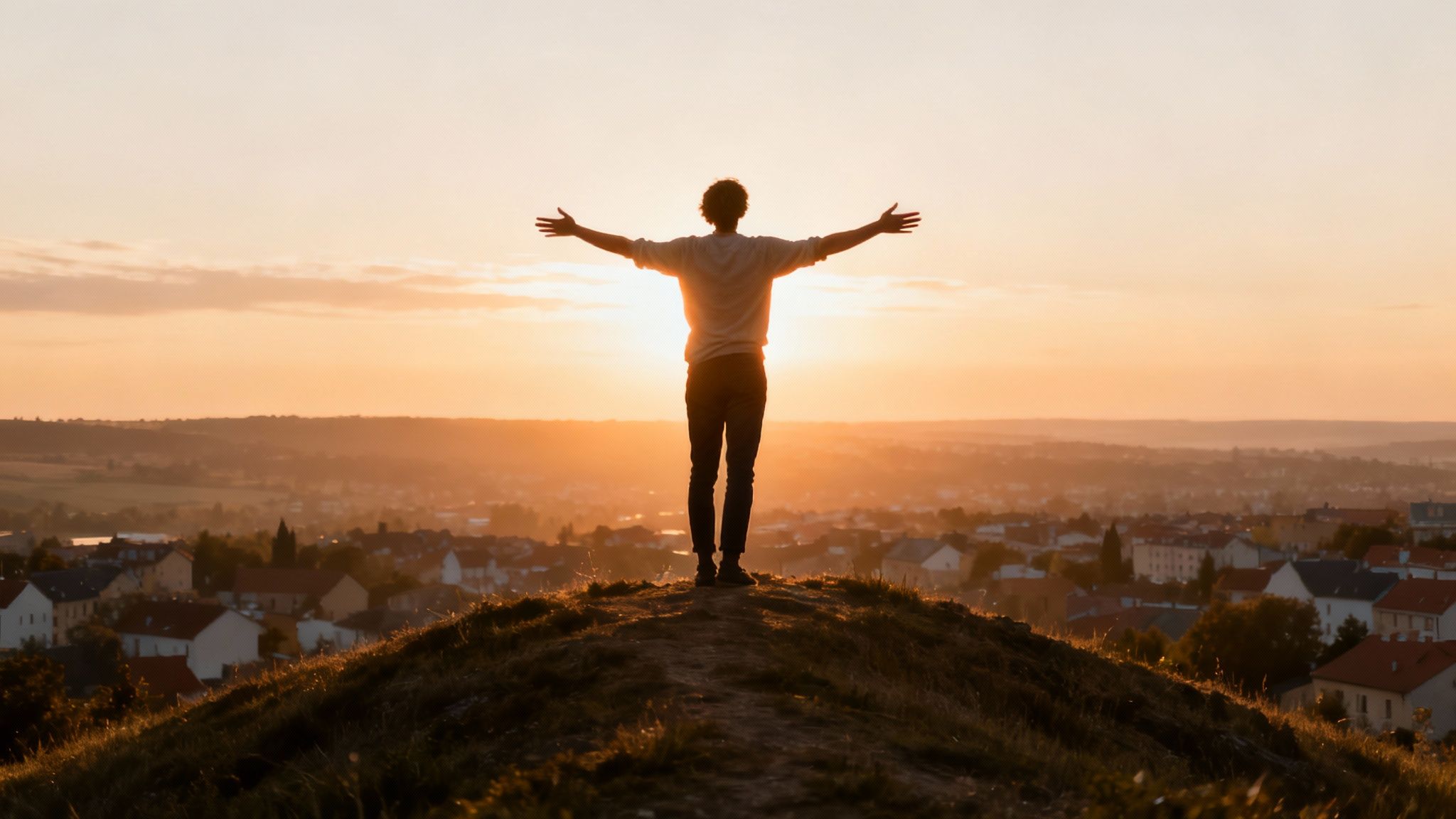 Silhouette of a person with outstretched arms on a hilltop overlooking a town at sunset.