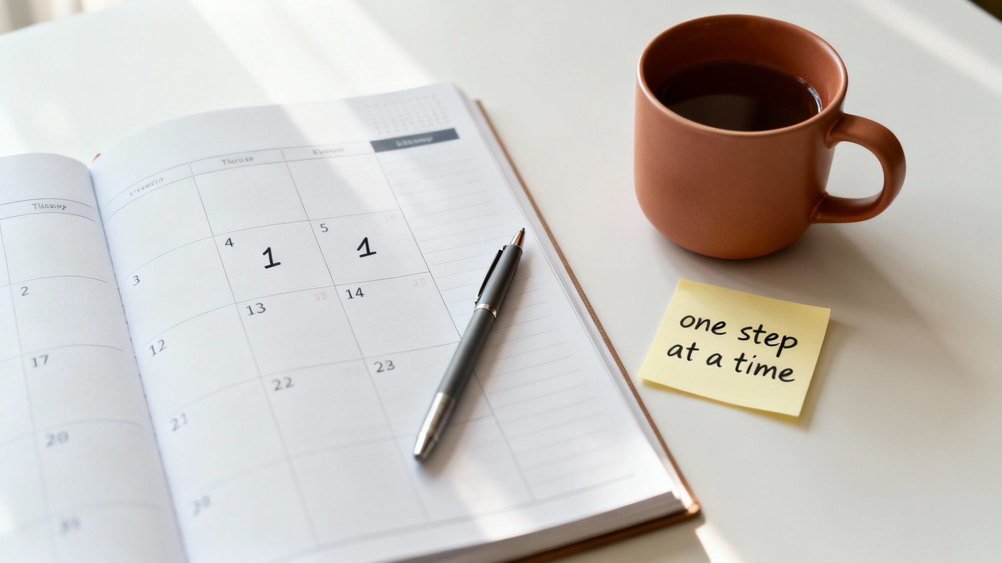 Desk setup with an open planner, a pen, a coffee mug, and a sticky note reading 'one step at a time'.