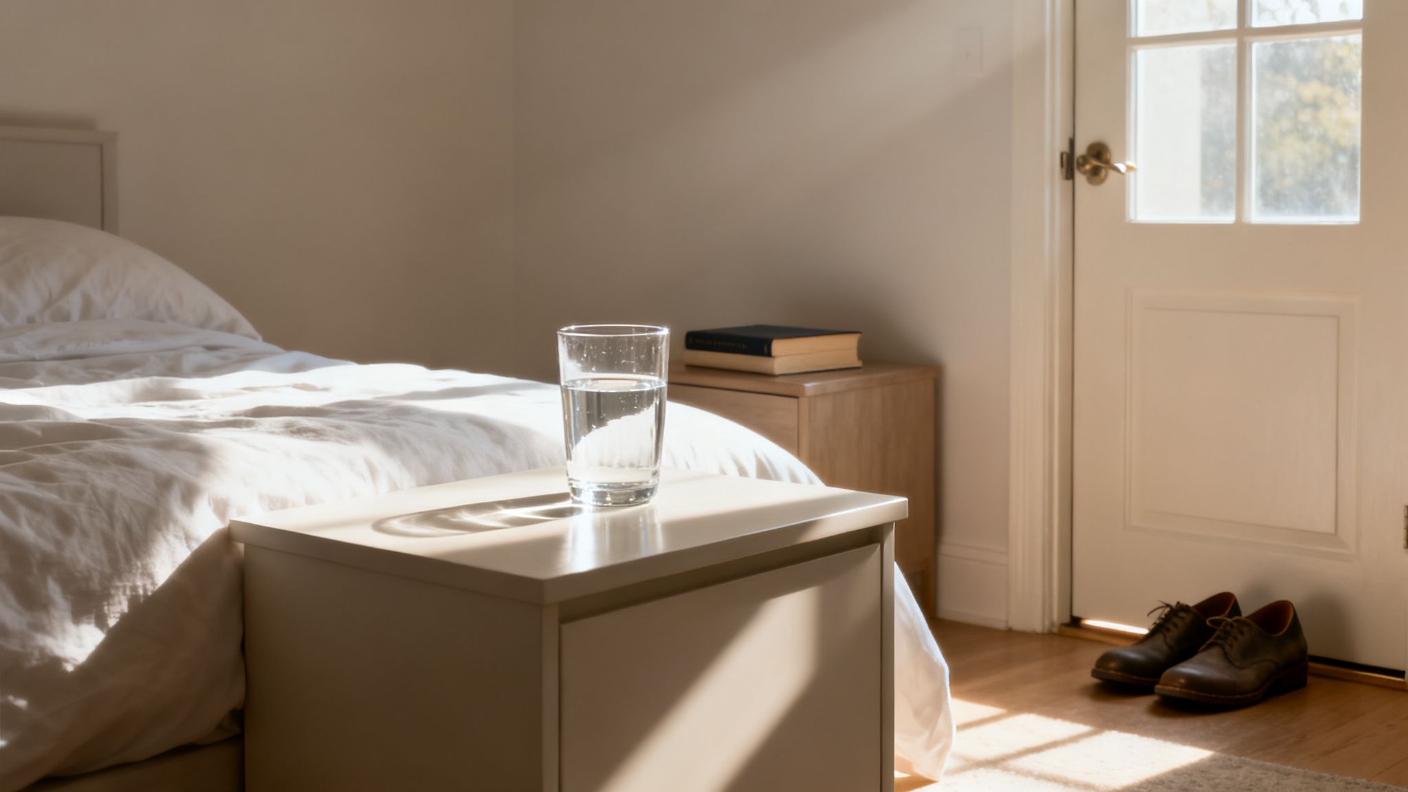 Sunlit bedroom with a glass of water on a nightstand, bed, and shoes by the door.