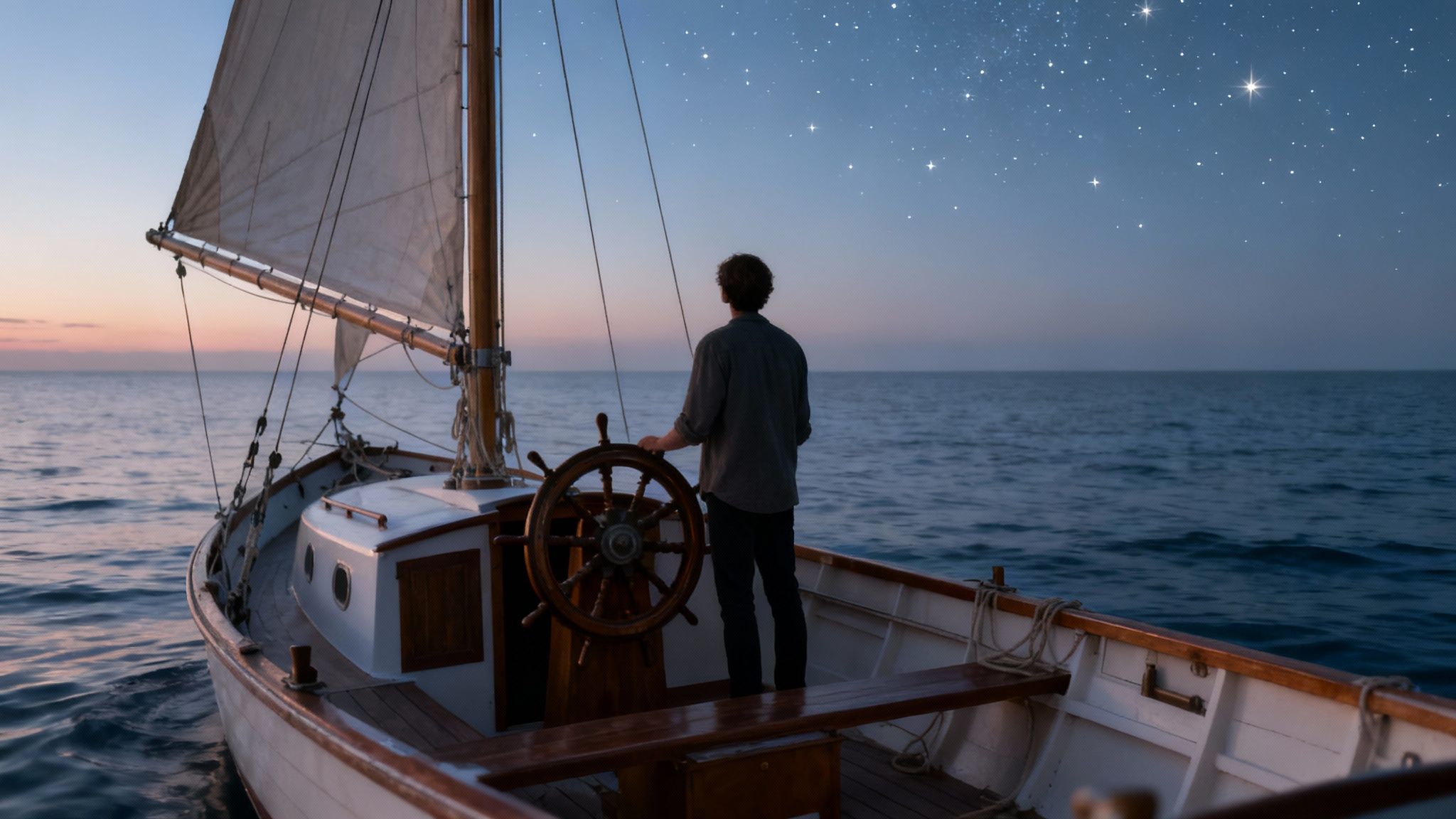 Man steering a sailboat at dusk under a starry sky on the open sea.