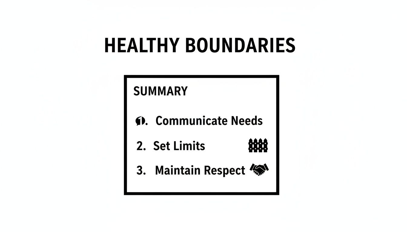 Graphic summarizing healthy boundaries with steps: communicate needs, set limits, and maintain respect.
