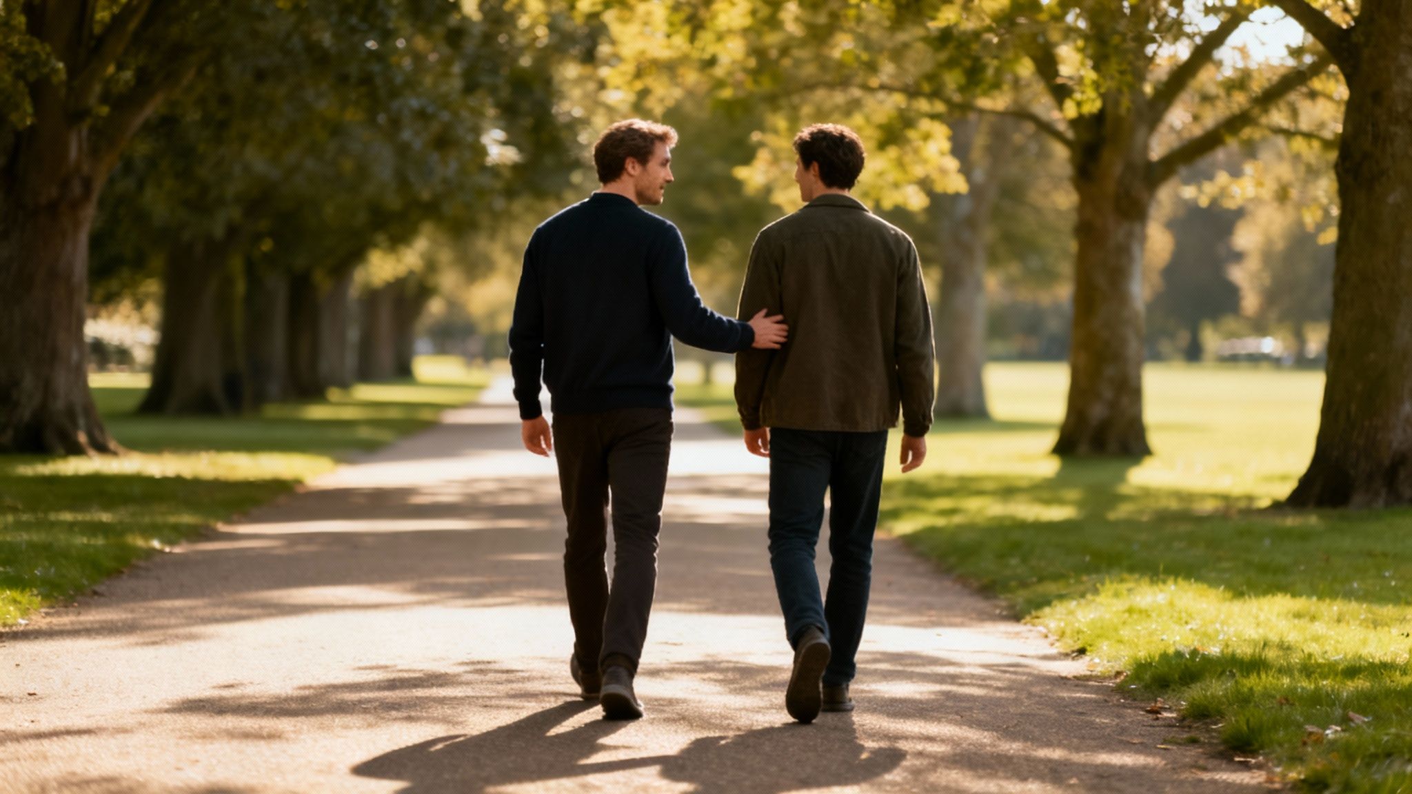 Two men walk away on a sunlit park path, one with a hand on the other's shoulder.