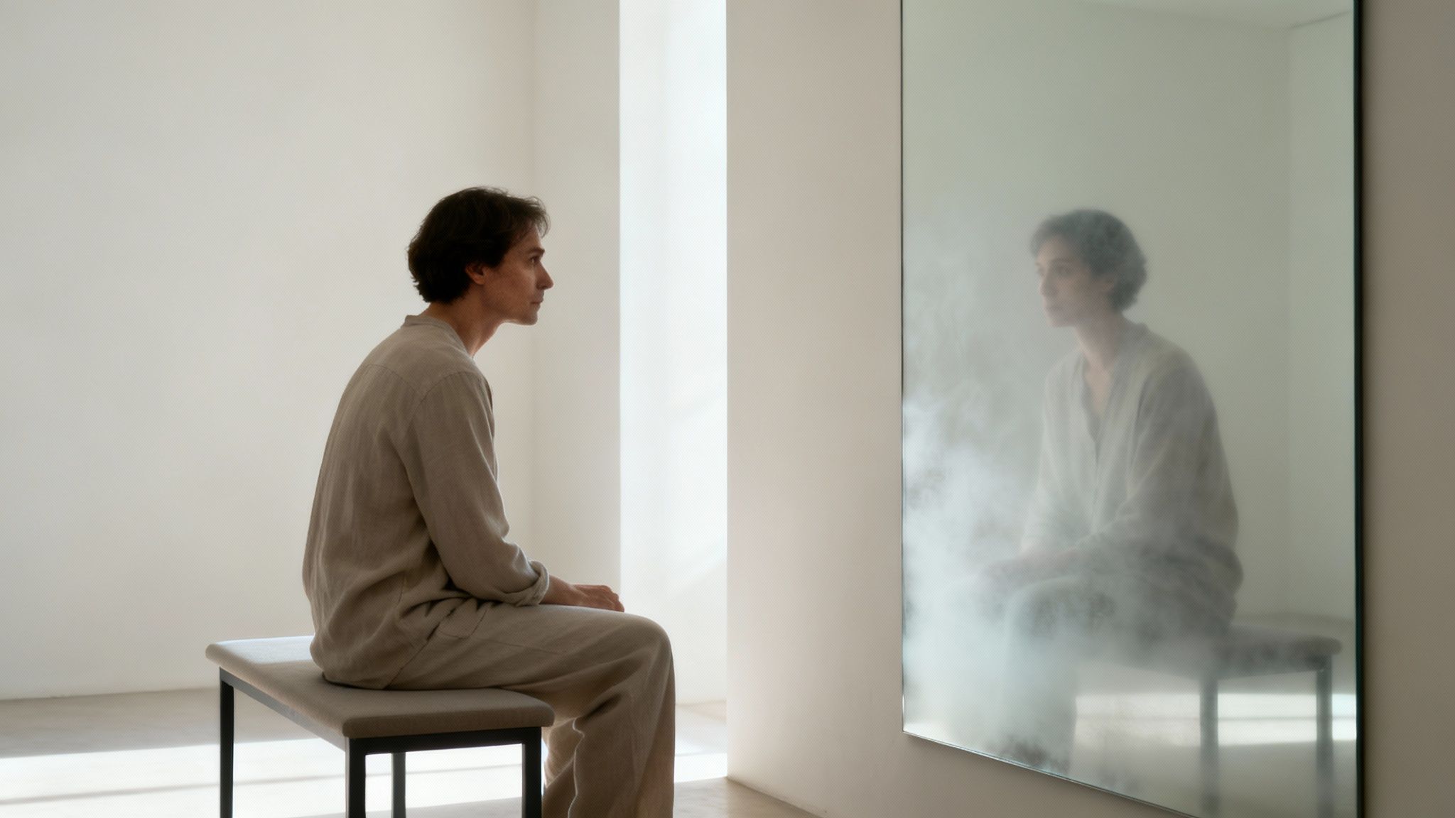 A man sits on a bench, contemplating his blurred reflection in a foggy mirror.