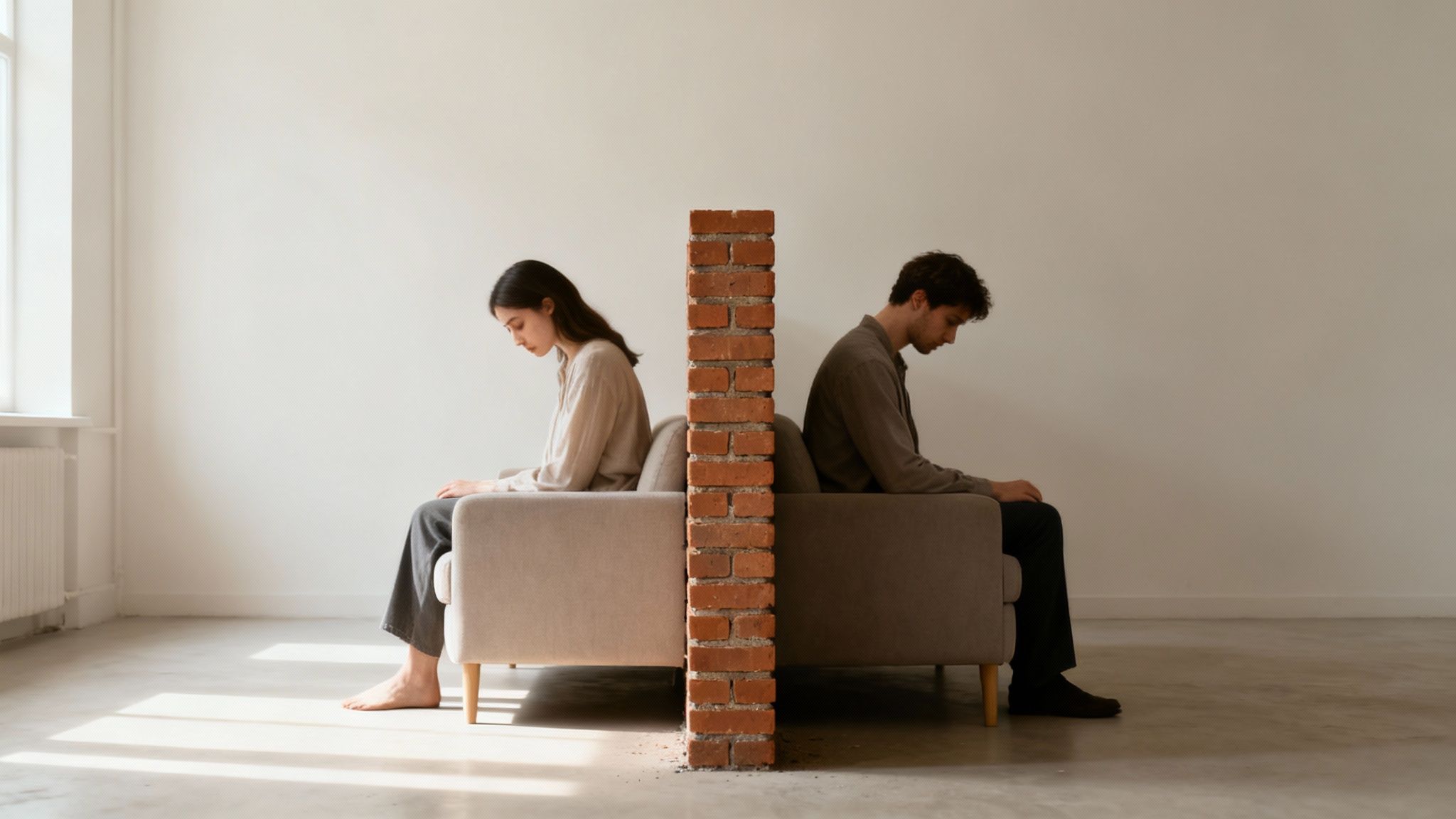 A man and woman sit back-to-back on couches, separated by a brick wall, depicting relationship issues.
