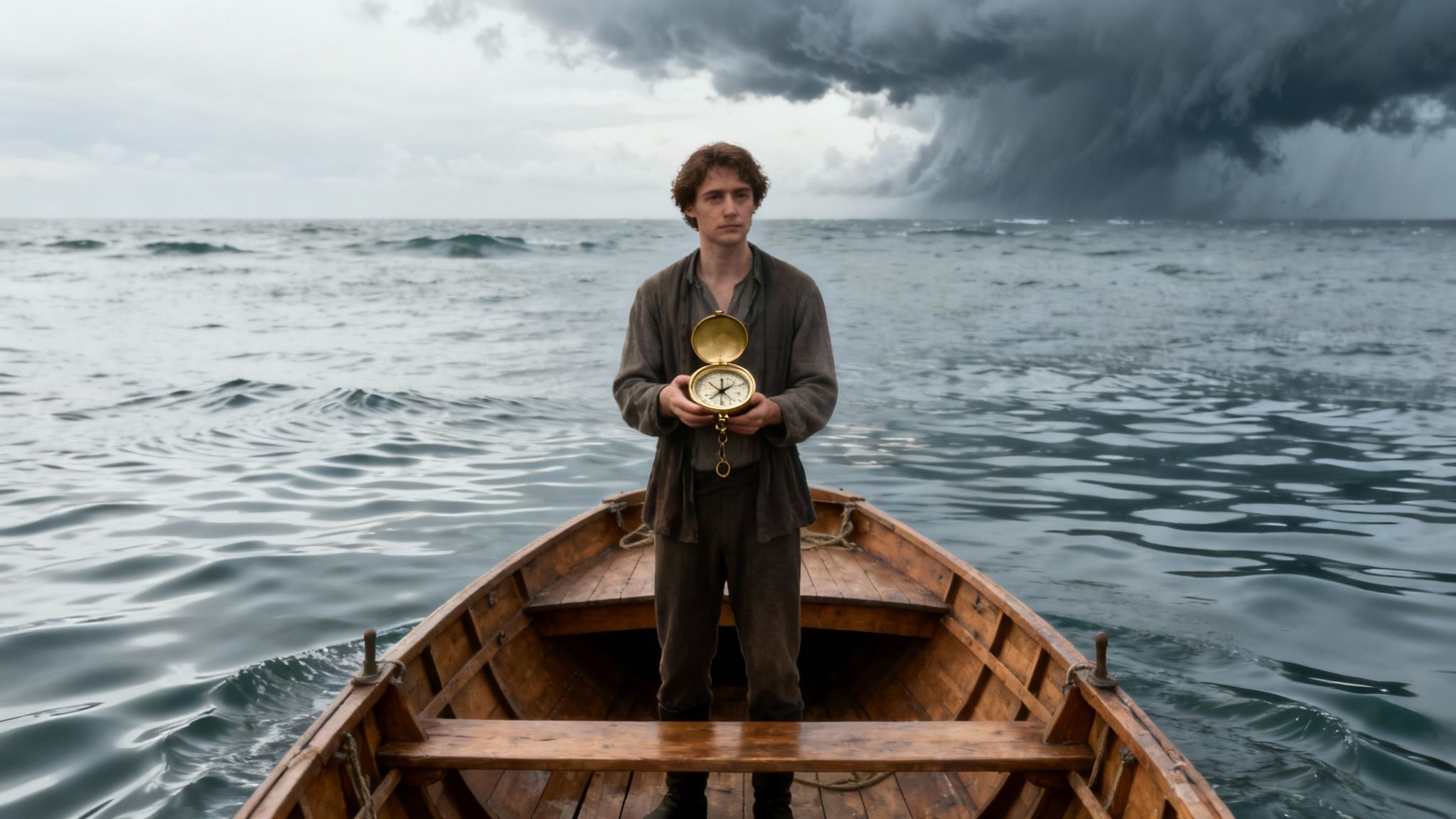 A man in a small boat navigates a vast ocean with a compass under a dark, stormy sky.