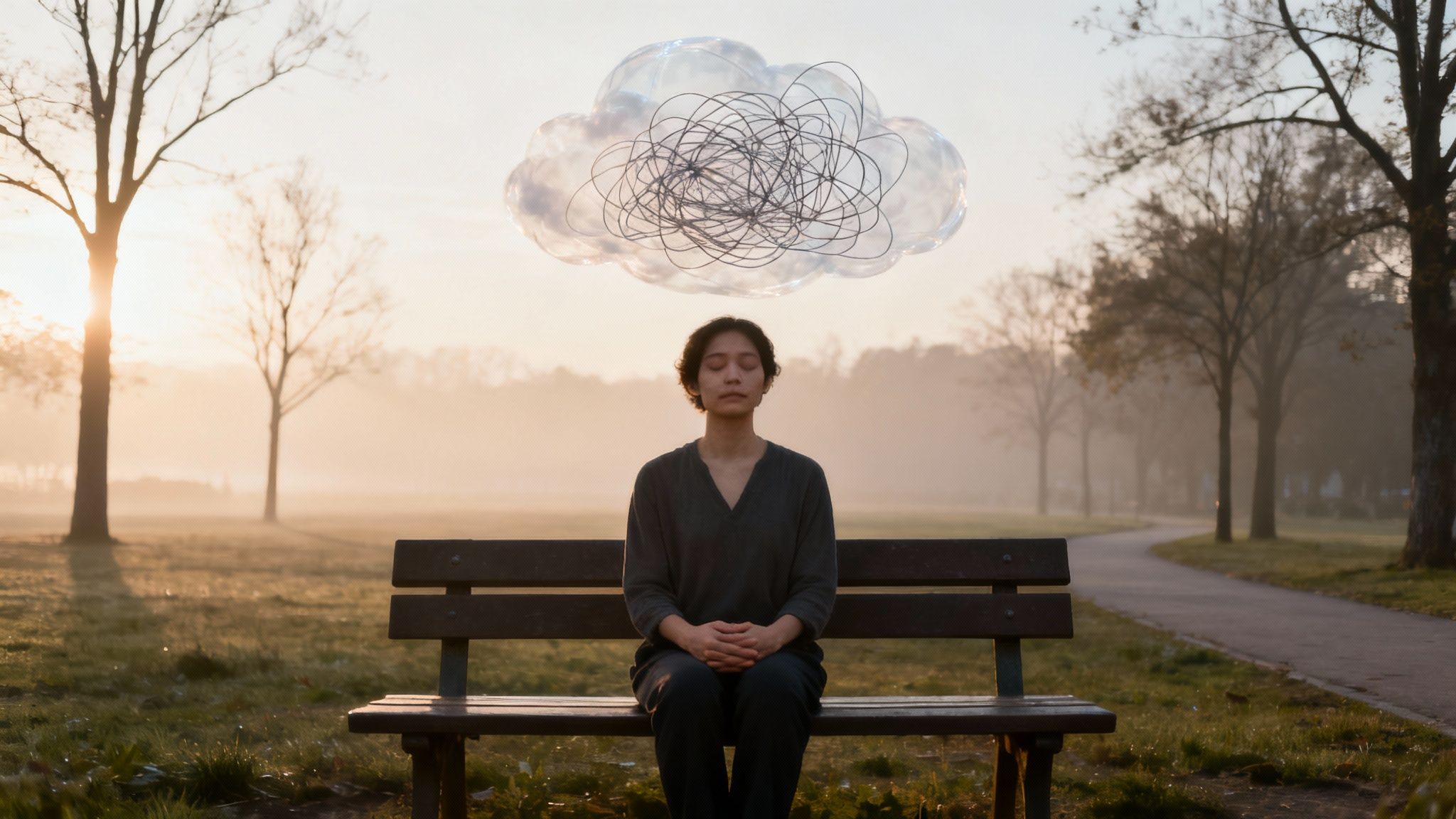A woman meditates on a park bench at sunrise, with a cloud of tangled thoughts above her head.